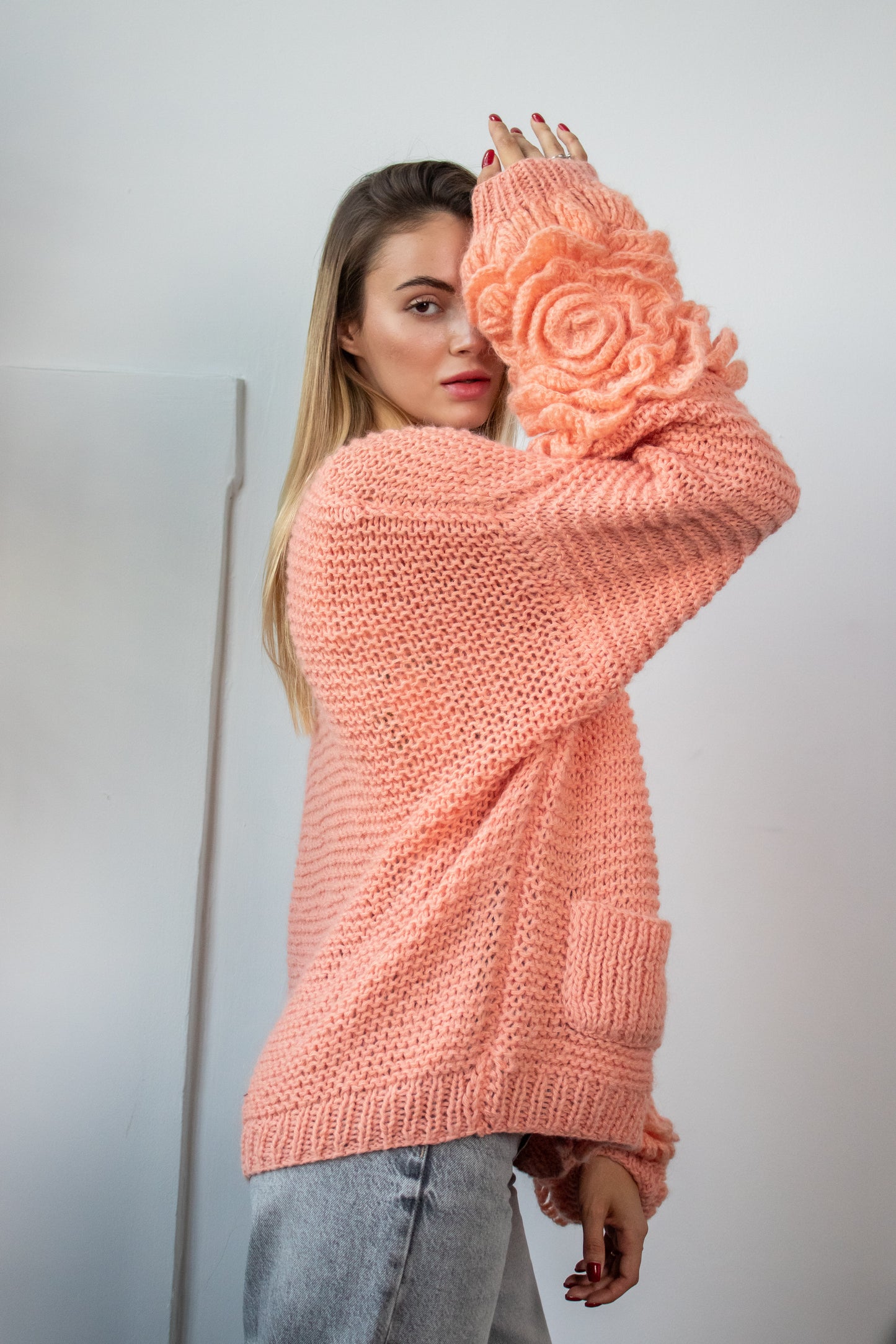 Handmade Oversized Mohair Cardigan Bomber With Crochet Roses – Salmon Pink Women's Jacket