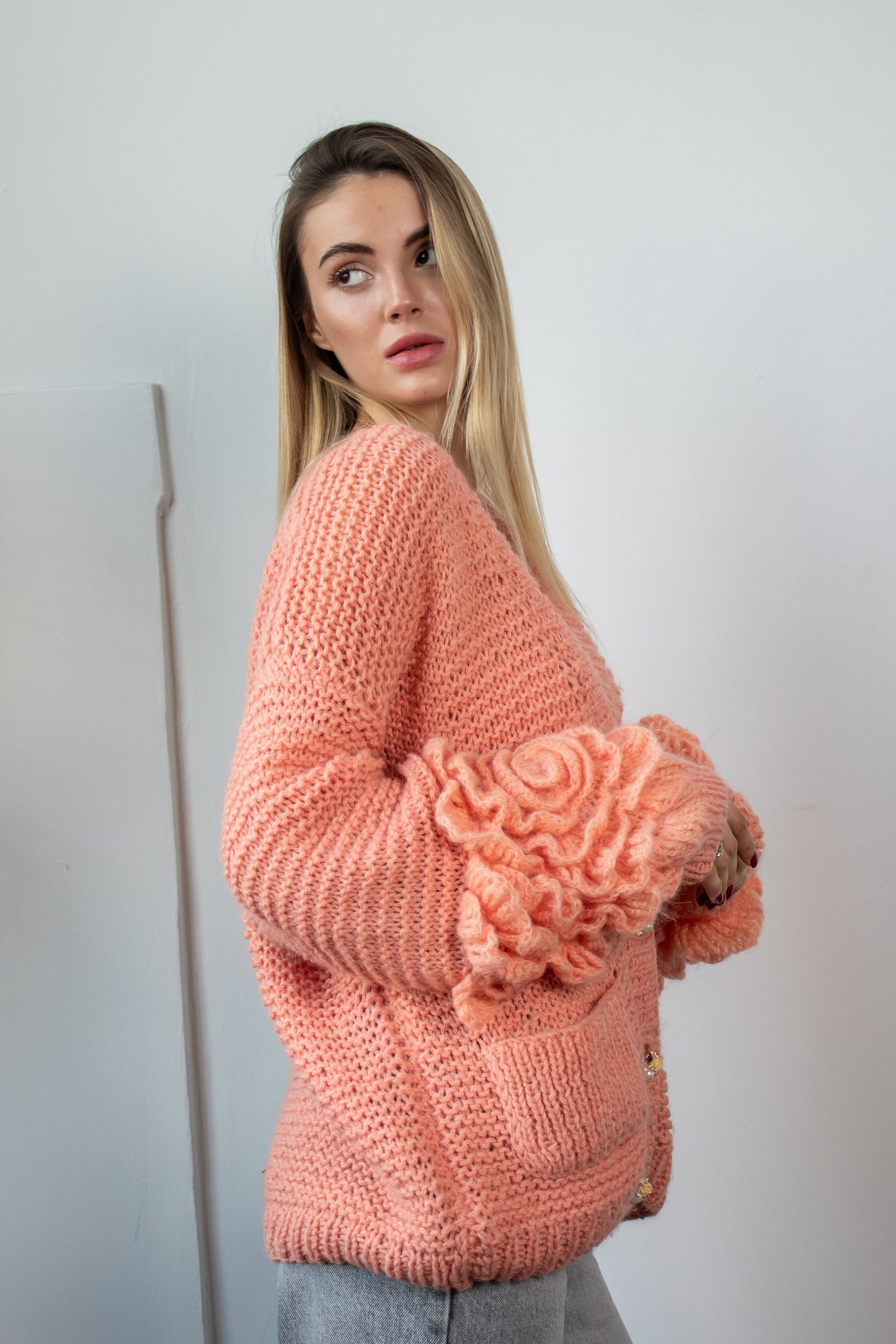 Handmade Oversized Mohair Cardigan Bomber With Crochet Roses – Salmon Pink Women's Jacket