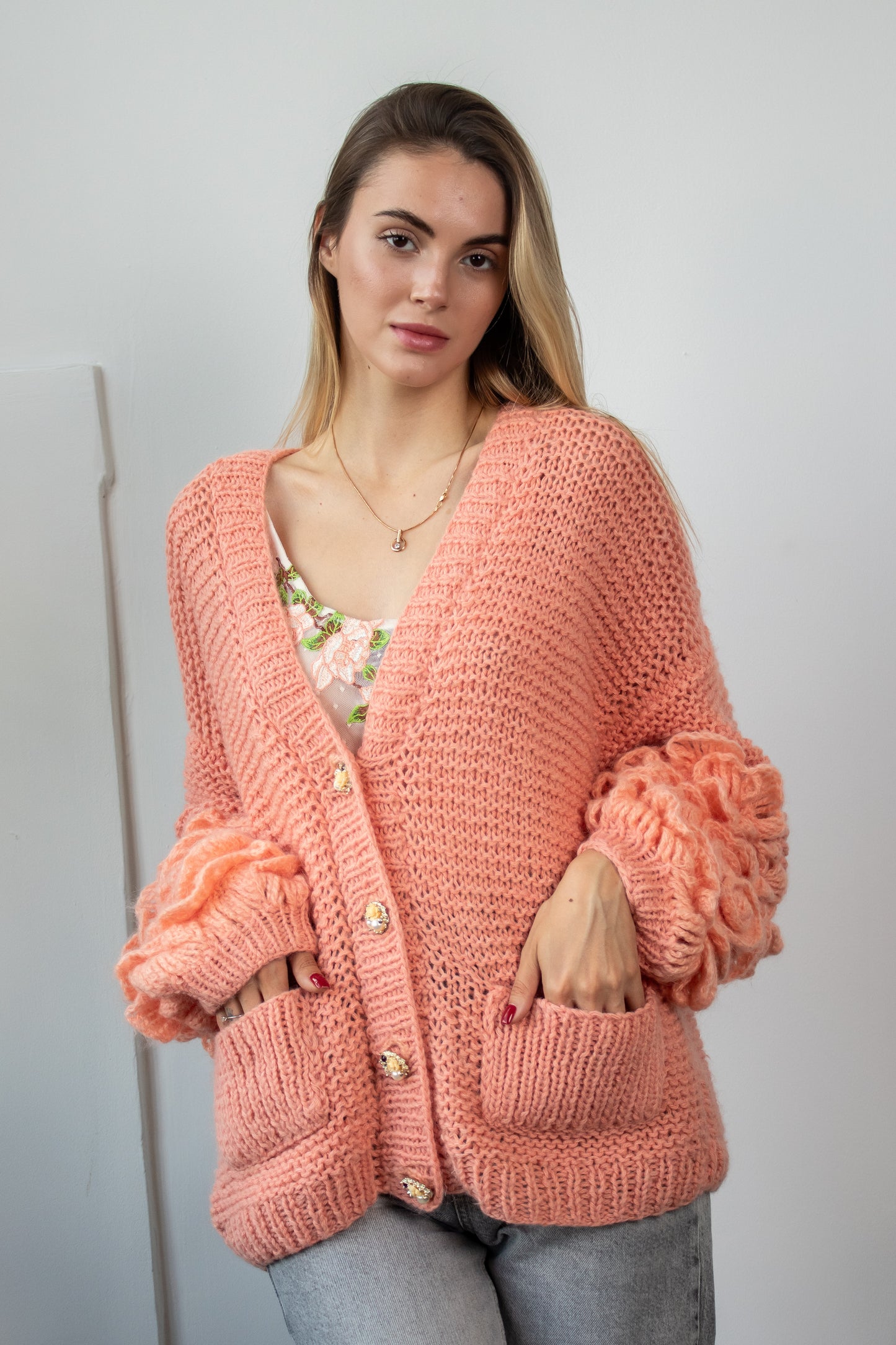 Handmade Oversized Mohair Cardigan Bomber With Crochet Roses – Salmon Pink Women's Jacket