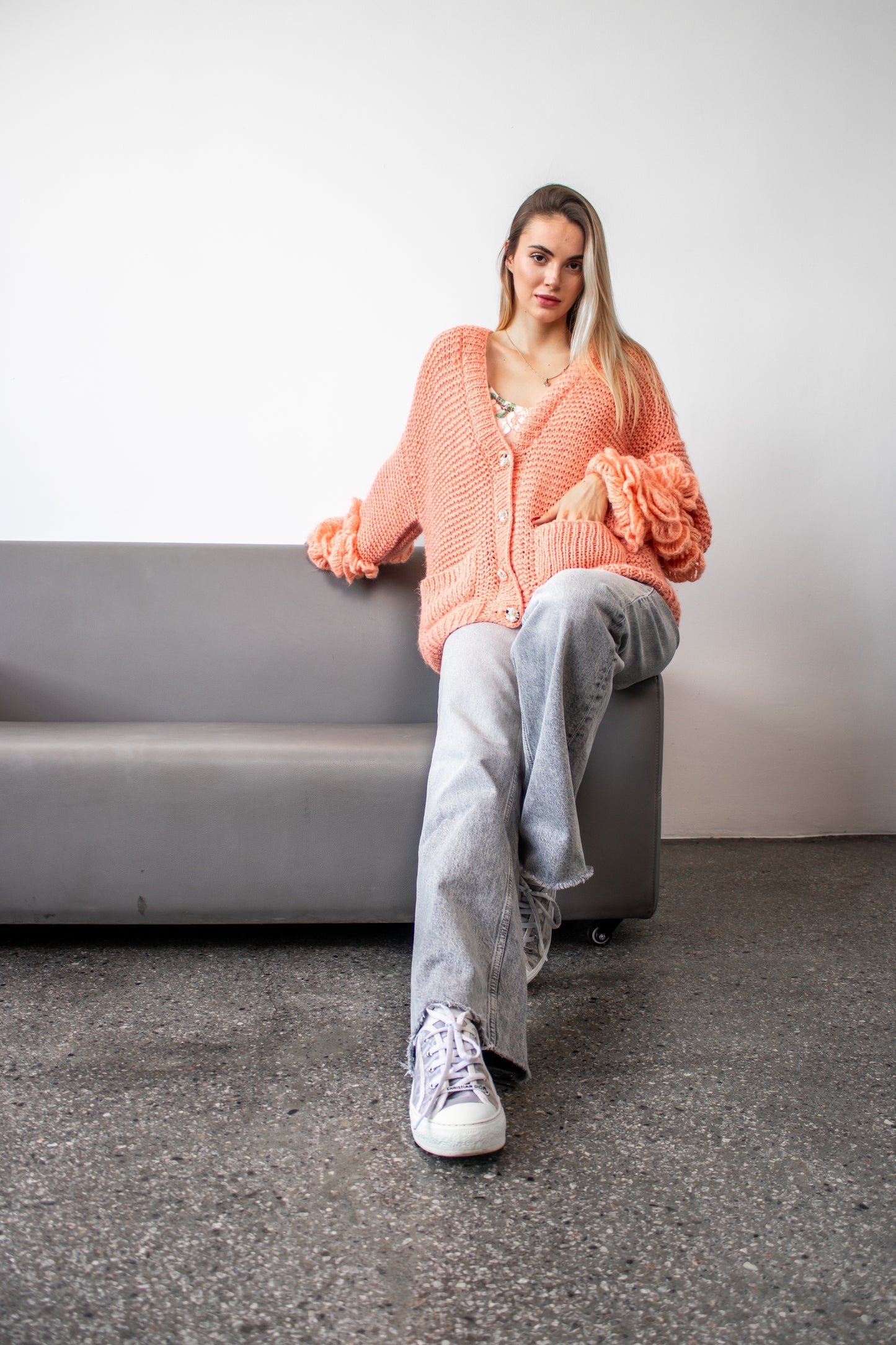 Handmade Oversized Mohair Cardigan Bomber With Crochet Roses – Salmon Pink Women's Jacket