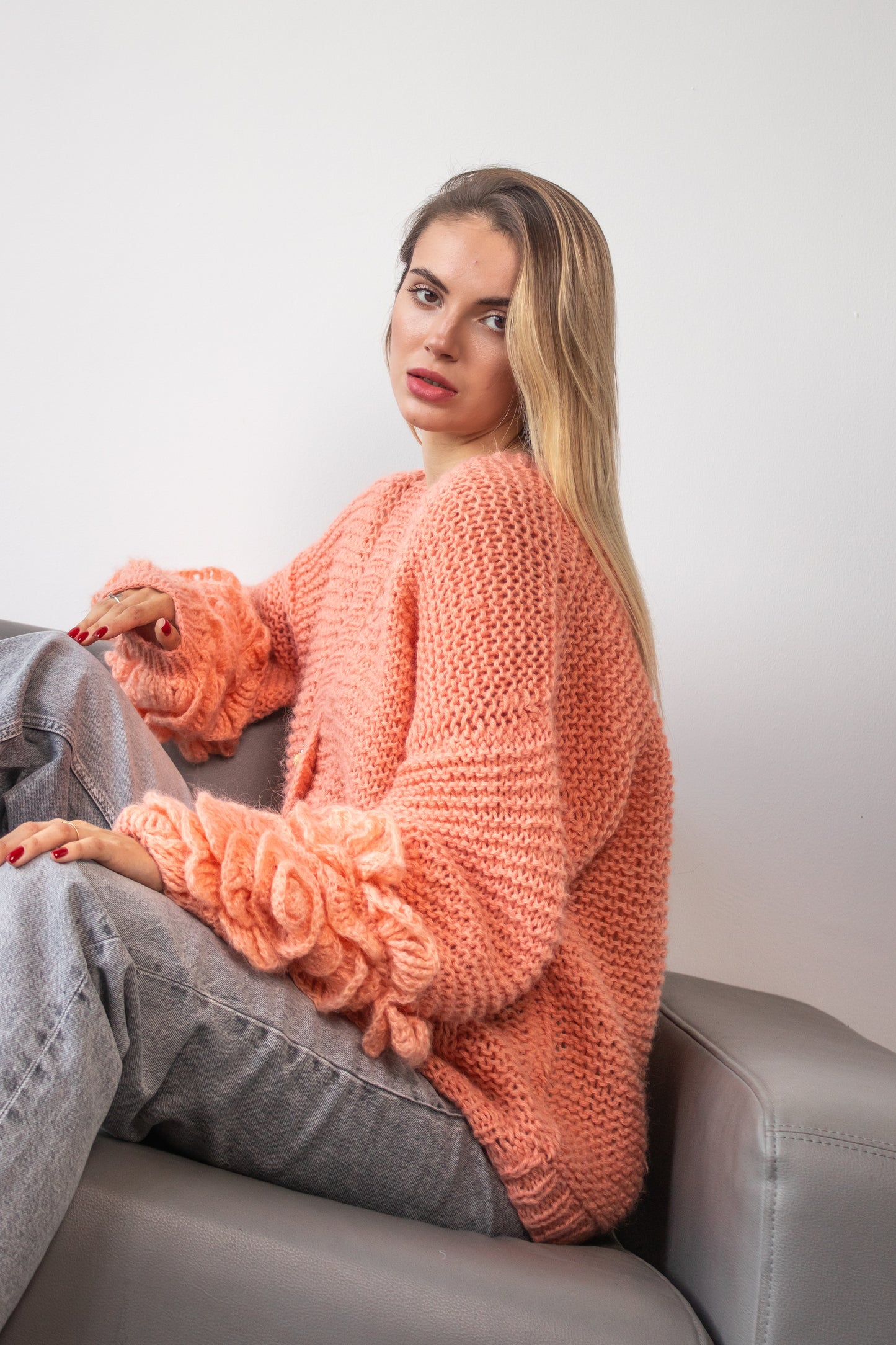 Handmade Oversized Mohair Cardigan Bomber With Crochet Roses – Salmon Pink Women's Jacket