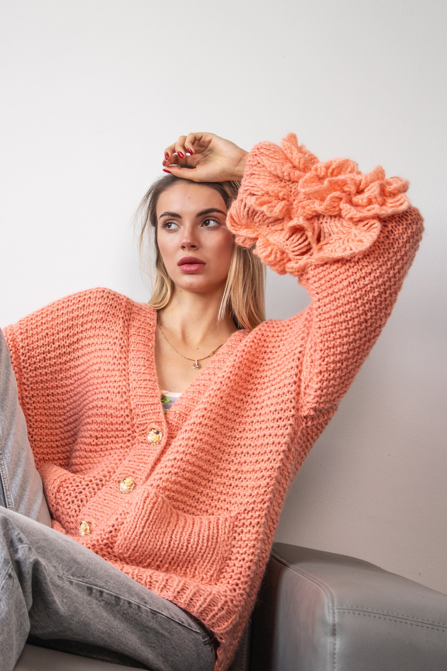 Handmade Oversized Mohair Cardigan Bomber With Crochet Roses – Salmon Pink Women's Jacket