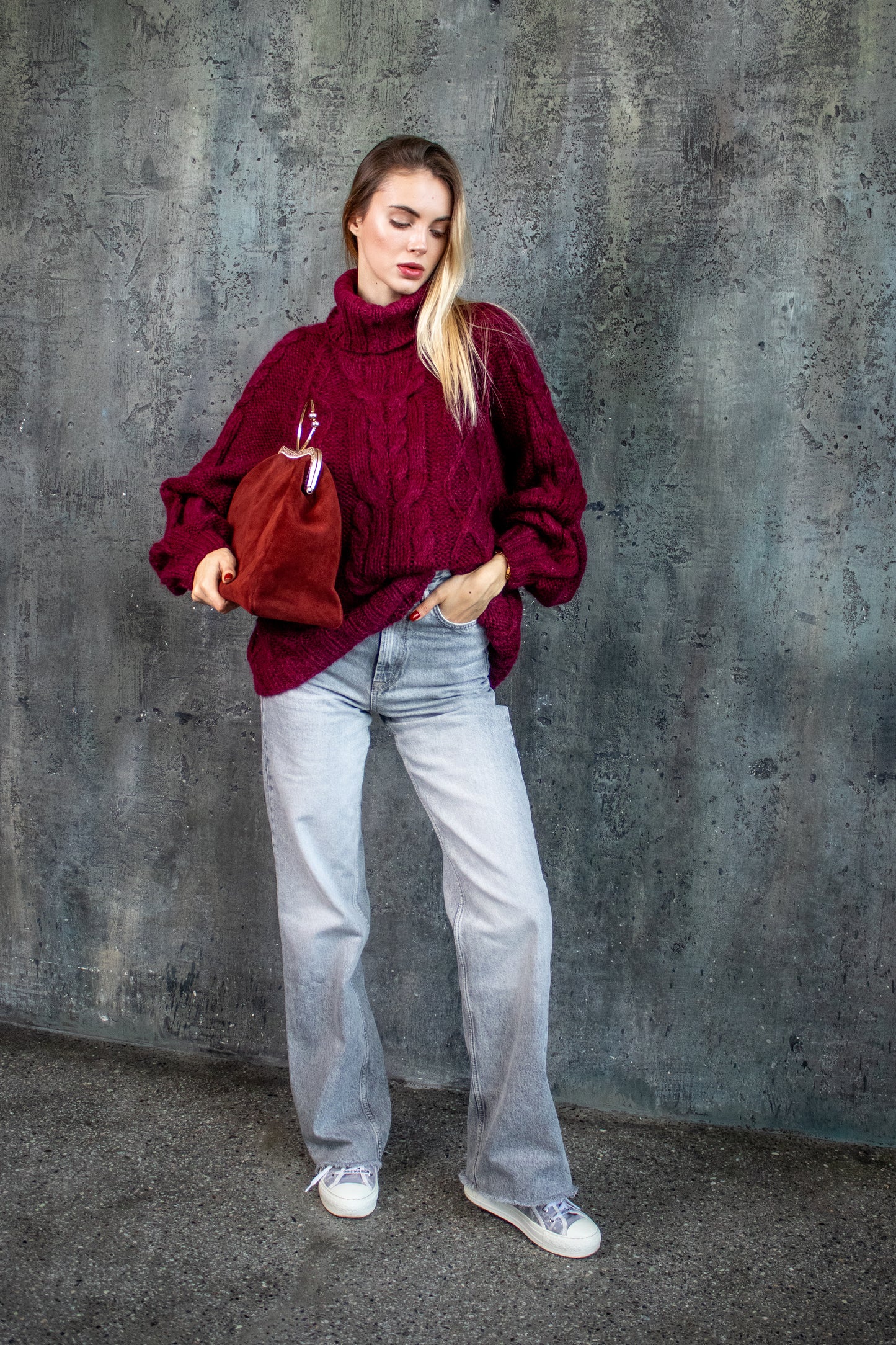 Bordeaux Oversized Mohair Sweater – Chunky Knit Turtleneck | Handmade Marsala Jumper | Cozy Winter Knitwear
