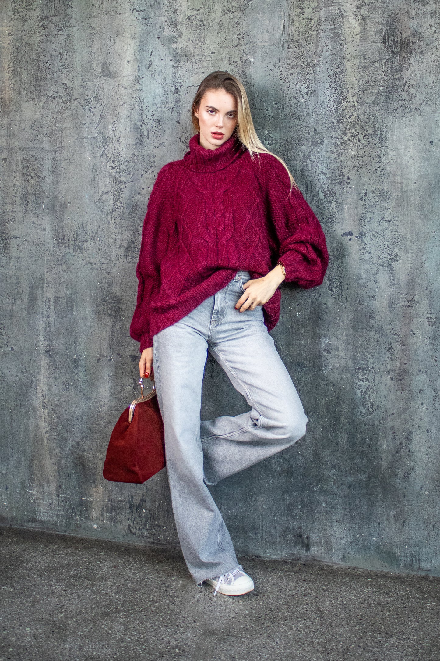 Bordeaux Oversized Mohair Sweater – Chunky Knit Turtleneck | Handmade Marsala Jumper | Cozy Winter Knitwear