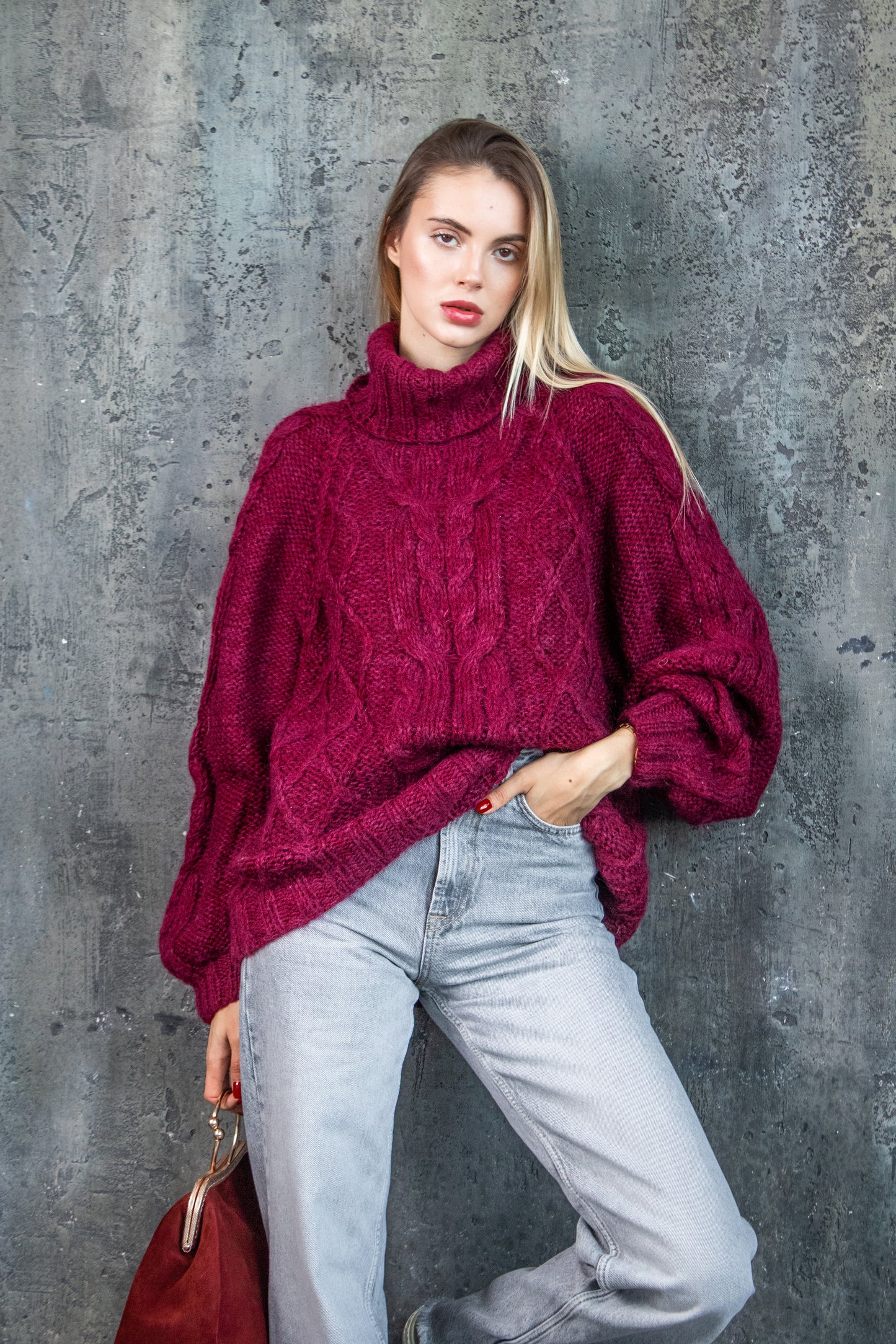 Bordeaux Oversized Mohair Sweater – Chunky Knit Turtleneck | Handmade Marsala Jumper | Cozy Winter Knitwear