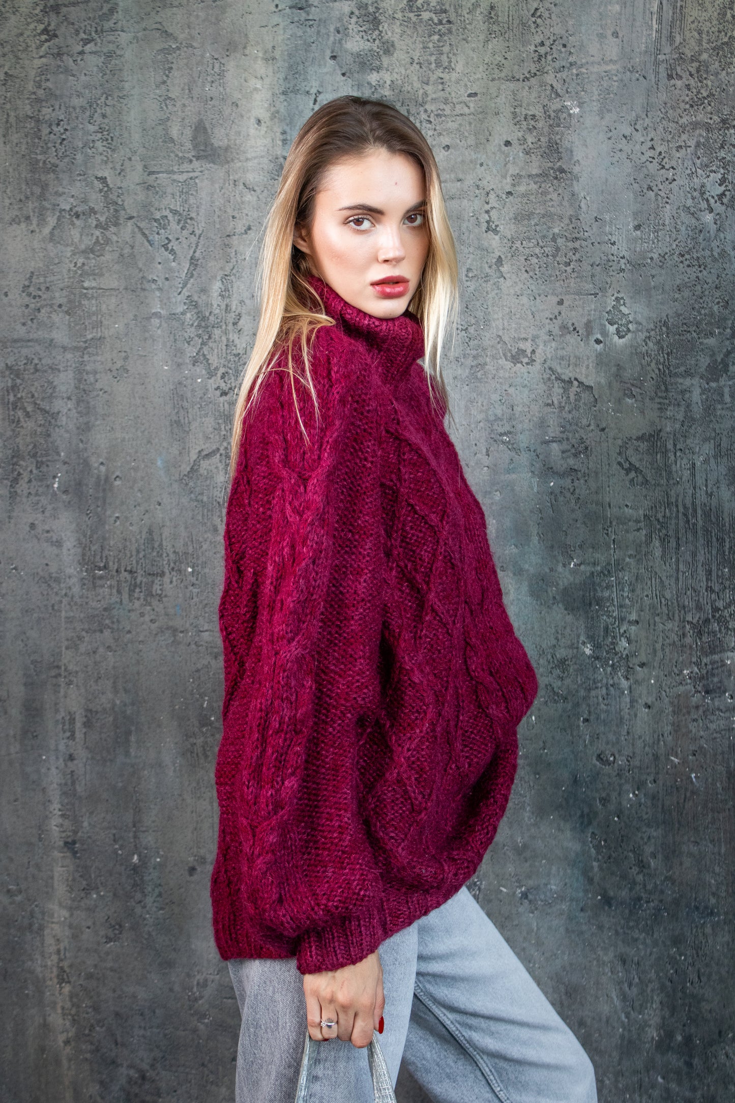 Bordeaux Oversized Mohair Sweater – Chunky Knit Turtleneck | Handmade Marsala Jumper | Cozy Winter Knitwear