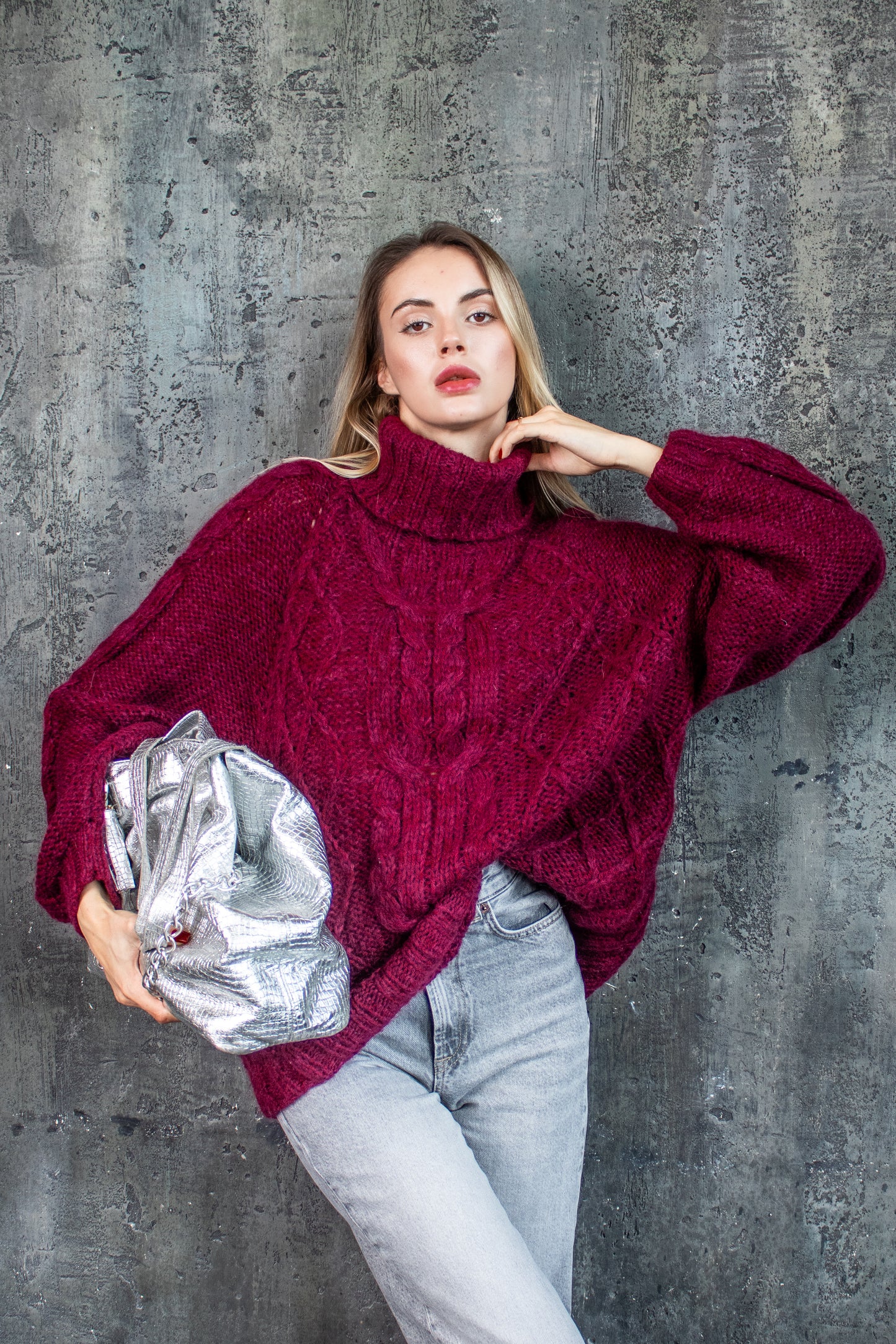 Bordeaux Oversized Mohair Sweater – Chunky Knit Turtleneck | Handmade Marsala Jumper | Cozy Winter Knitwear