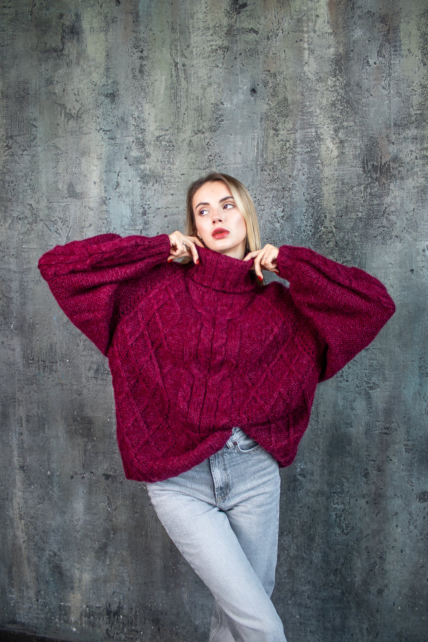 Bordeaux Oversized Mohair Sweater – Chunky Knit Turtleneck | Handmade Marsala Jumper | Cozy Winter Knitwear