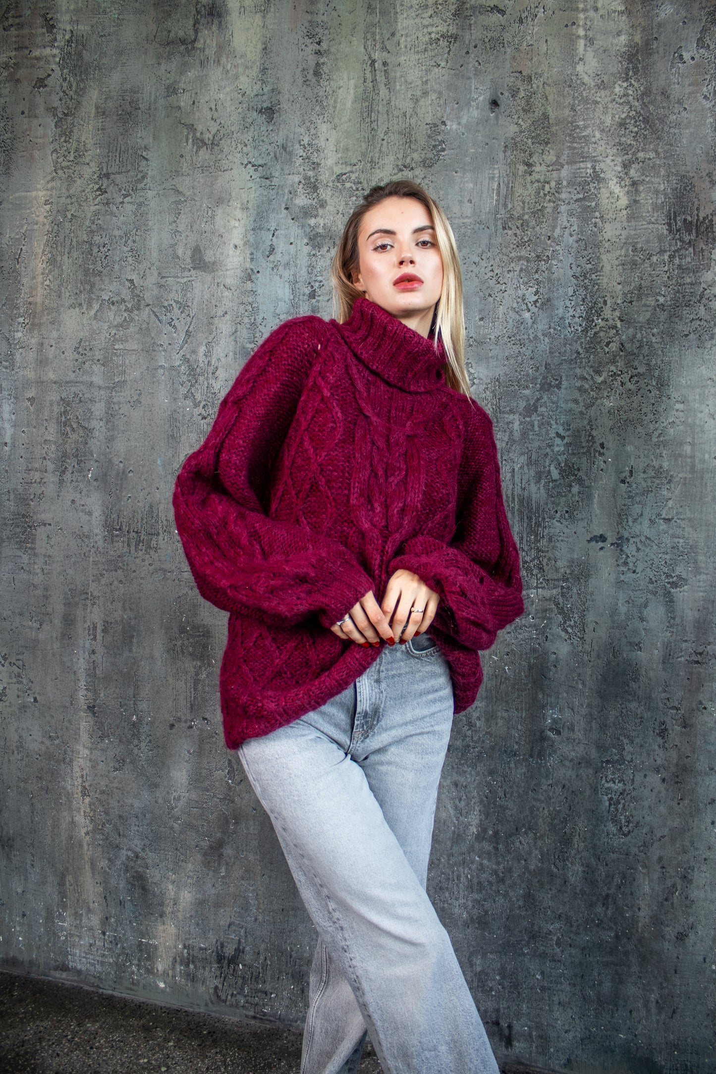 Bordeaux Oversized Mohair Sweater – Chunky Knit Turtleneck | Handmade Marsala Jumper | Cozy Winter Knitwear