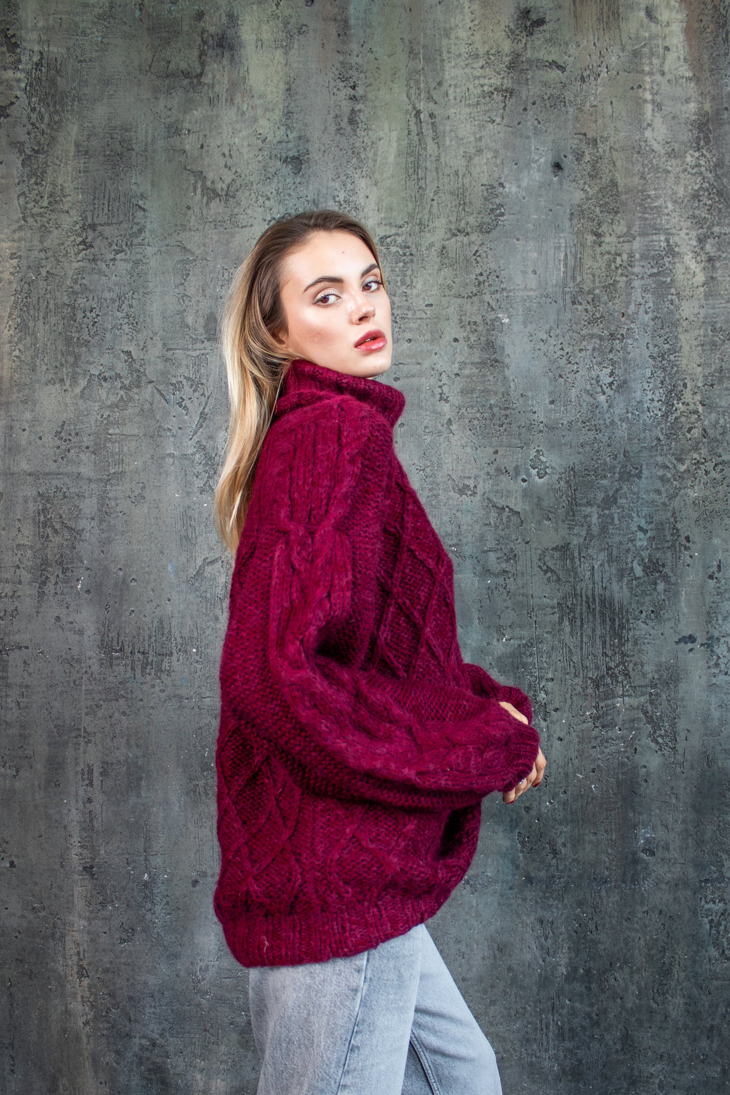 Bordeaux Oversized Mohair Sweater – Chunky Knit Turtleneck | Handmade Marsala Jumper | Cozy Winter Knitwear