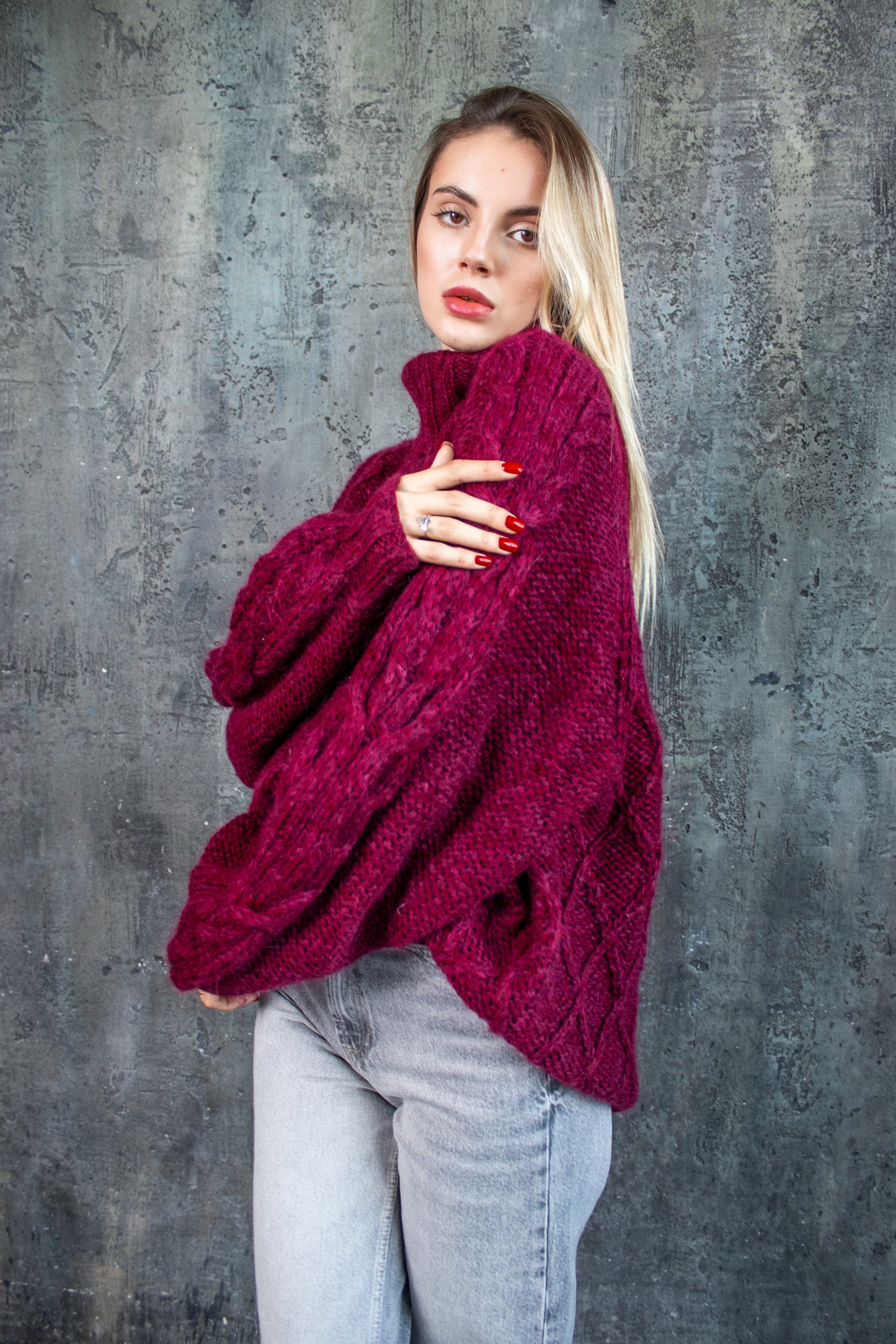 Bordeaux Oversized Mohair Sweater – Chunky Knit Turtleneck | Handmade Marsala Jumper | Cozy Winter Knitwear