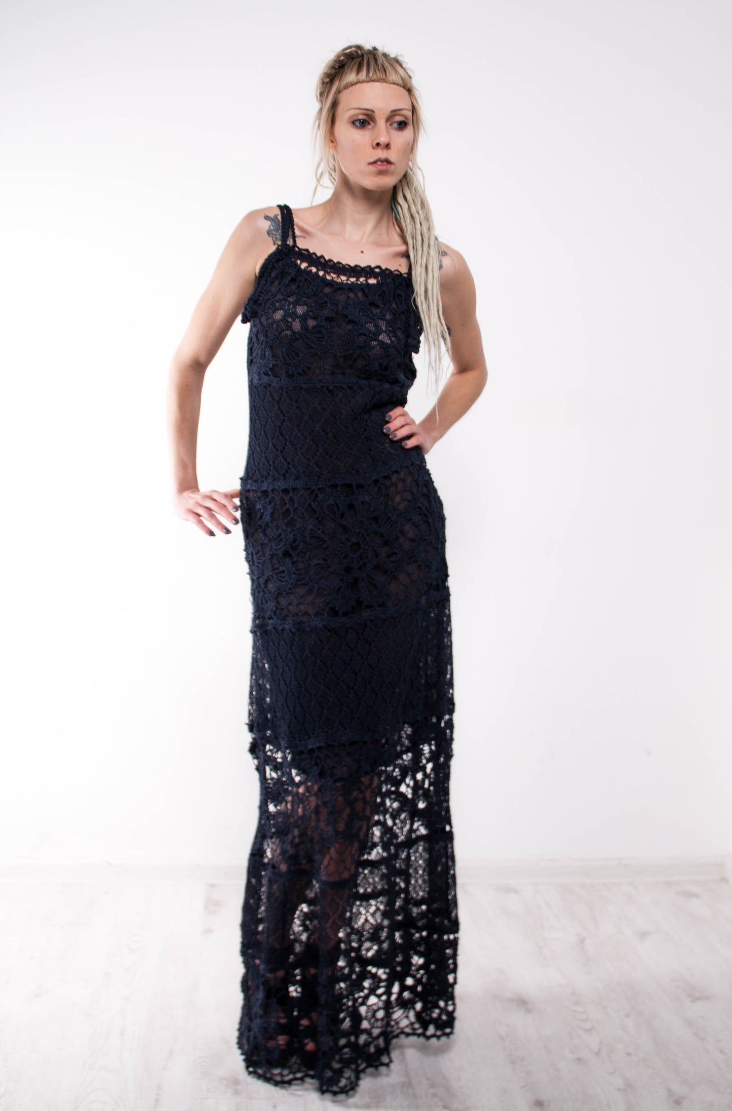 Black Crochet Maxi Sundress – Handmade Sleeveless Knit Dress | Boho Summer Dress | Evening Beachwear