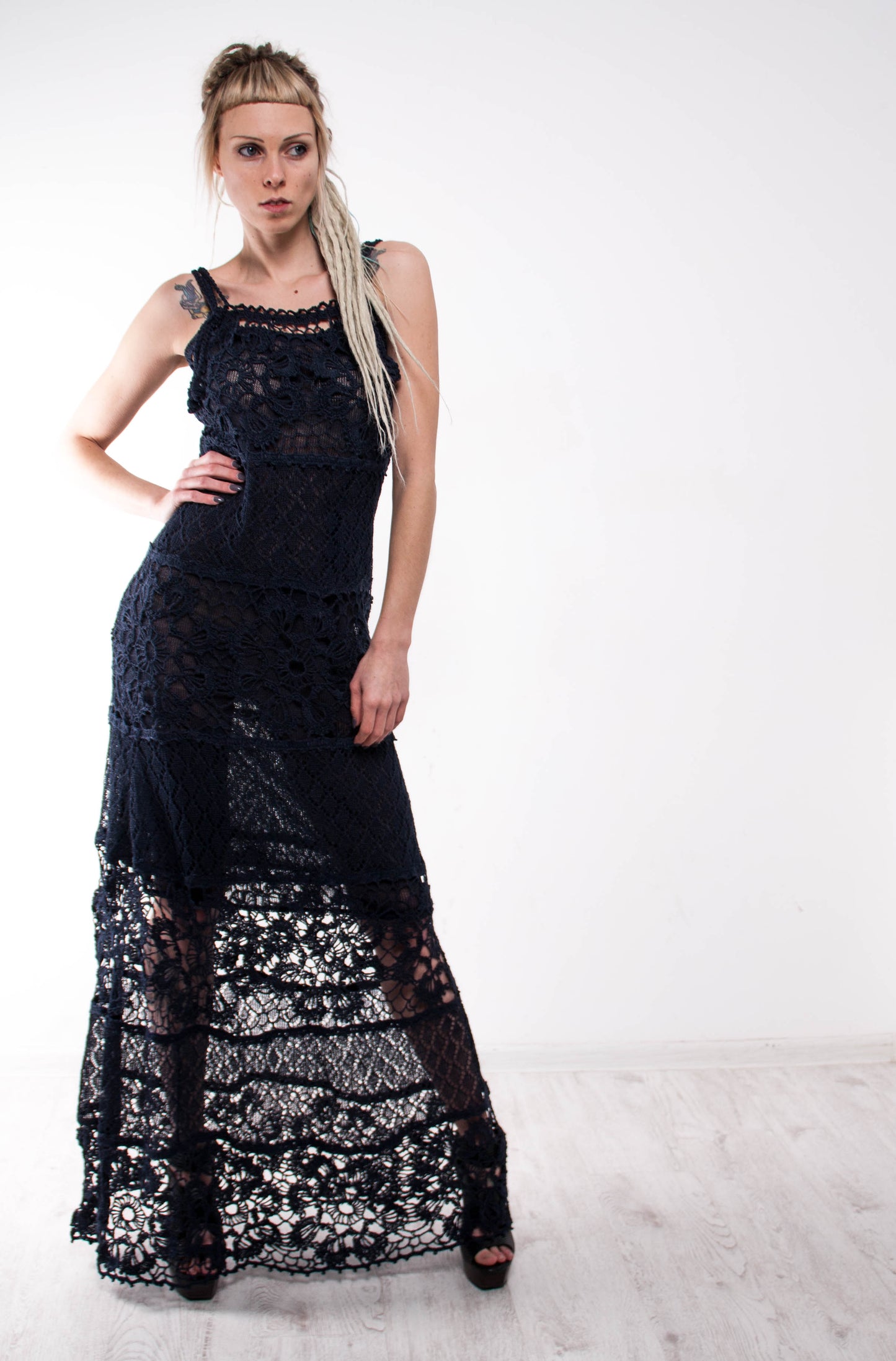 Black Crochet Maxi Sundress – Handmade Sleeveless Knit Dress | Boho Summer Dress | Evening Beachwear