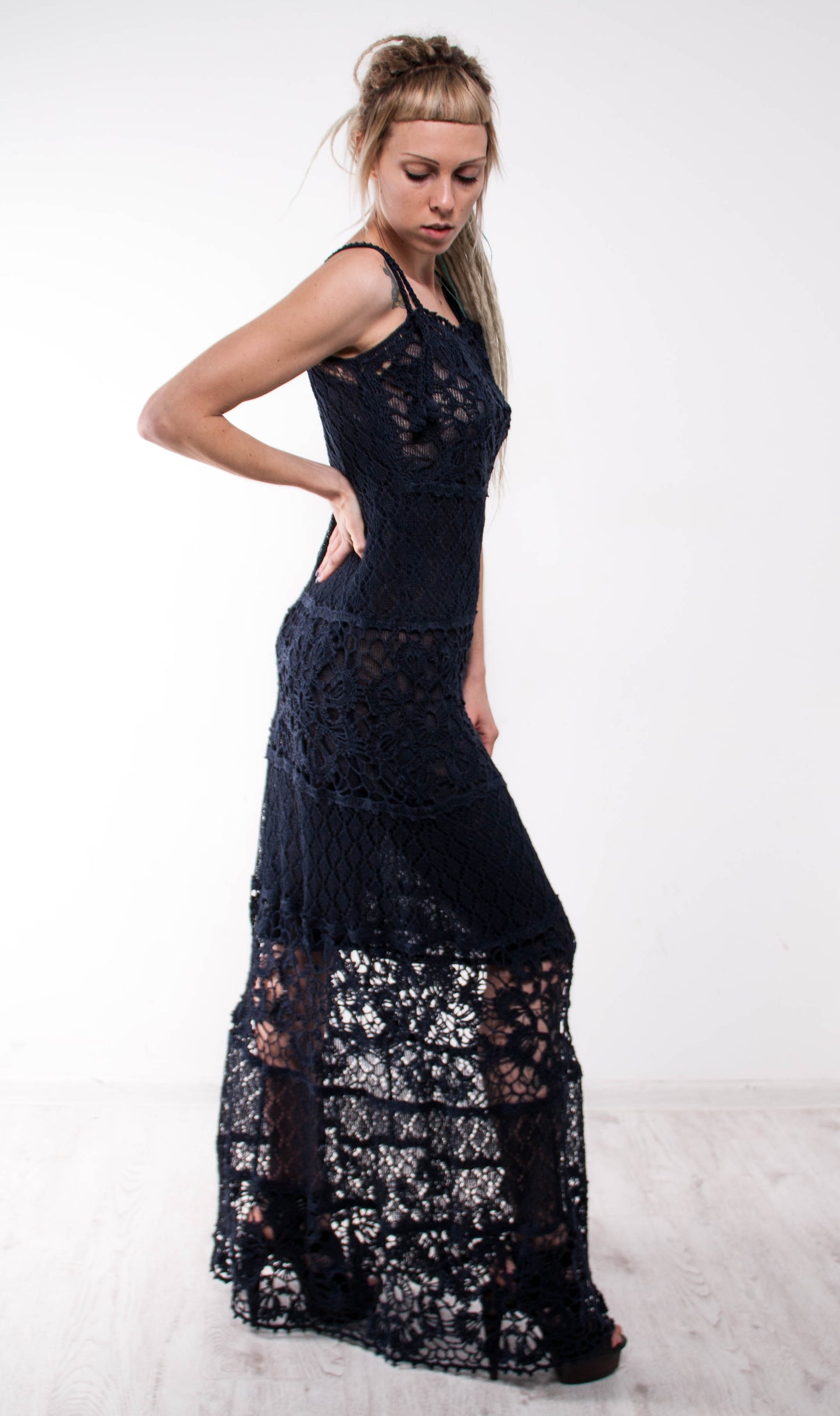 Black Crochet Maxi Sundress – Handmade Sleeveless Knit Dress | Boho Summer Dress | Evening Beachwear