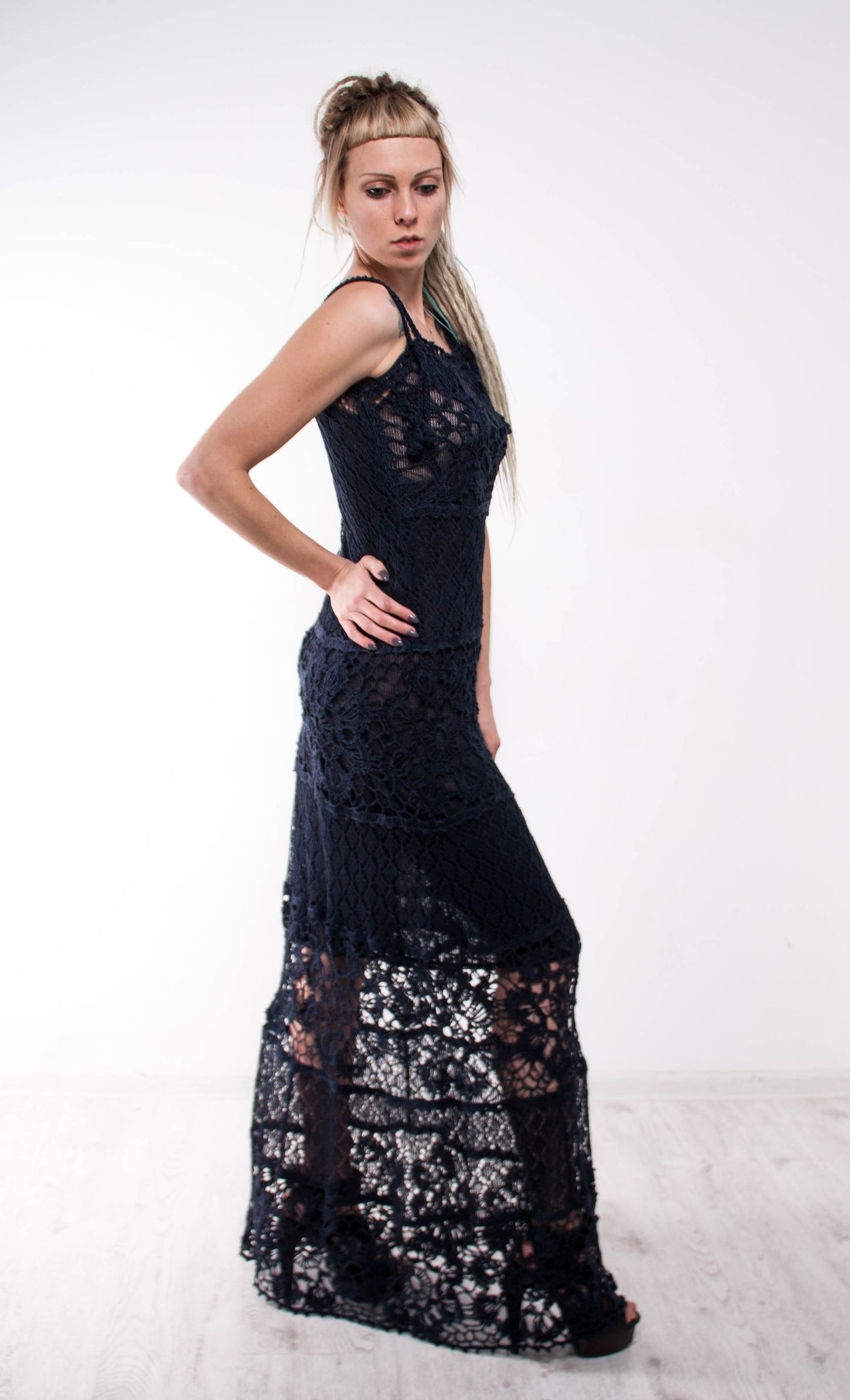 Black Crochet Maxi Sundress – Handmade Sleeveless Knit Dress | Boho Summer Dress | Evening Beachwear