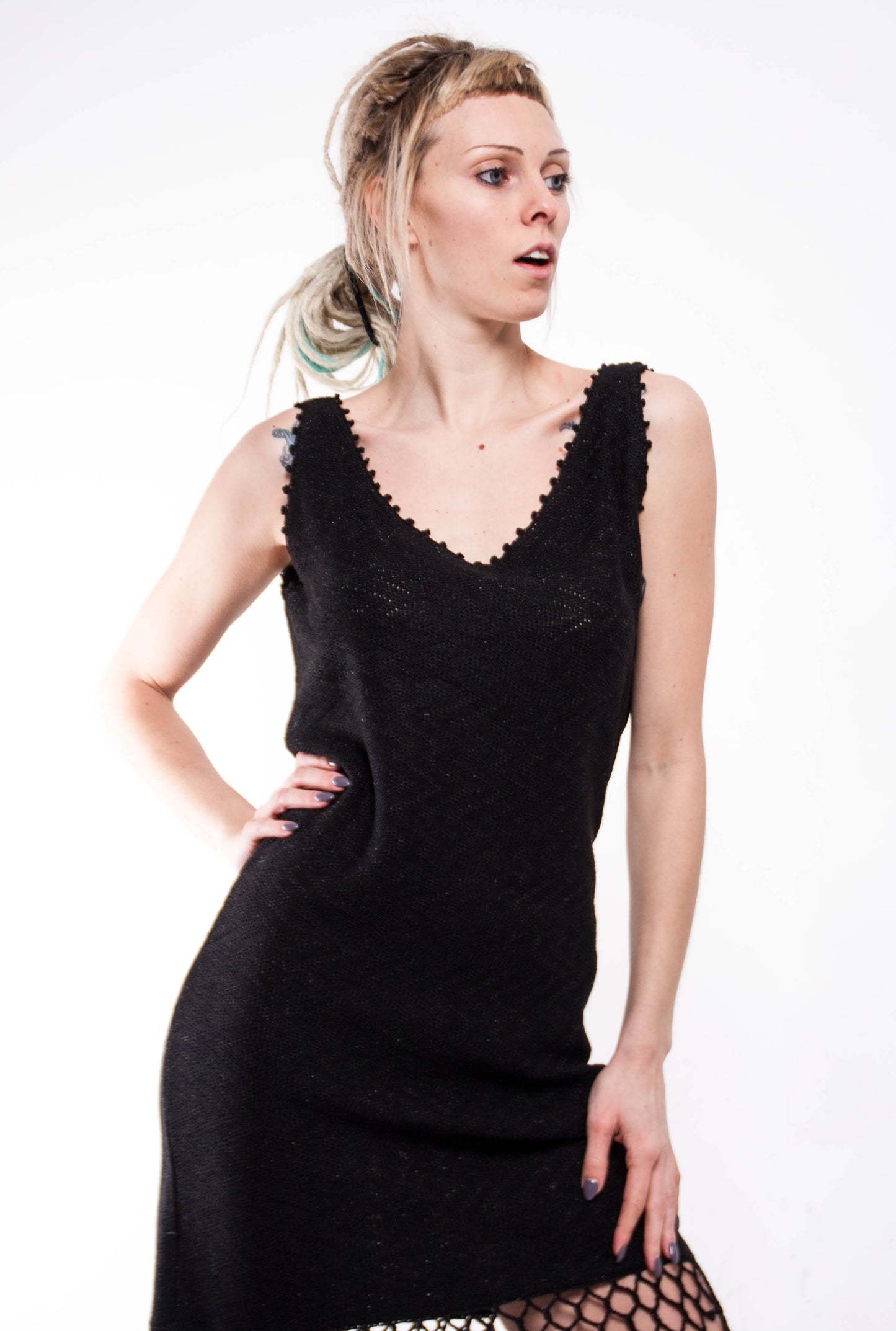 Black Crochet Mini Dress – Handmade Lace Fringe Dress | Backless Draped Evening Dress | Small Black Dress