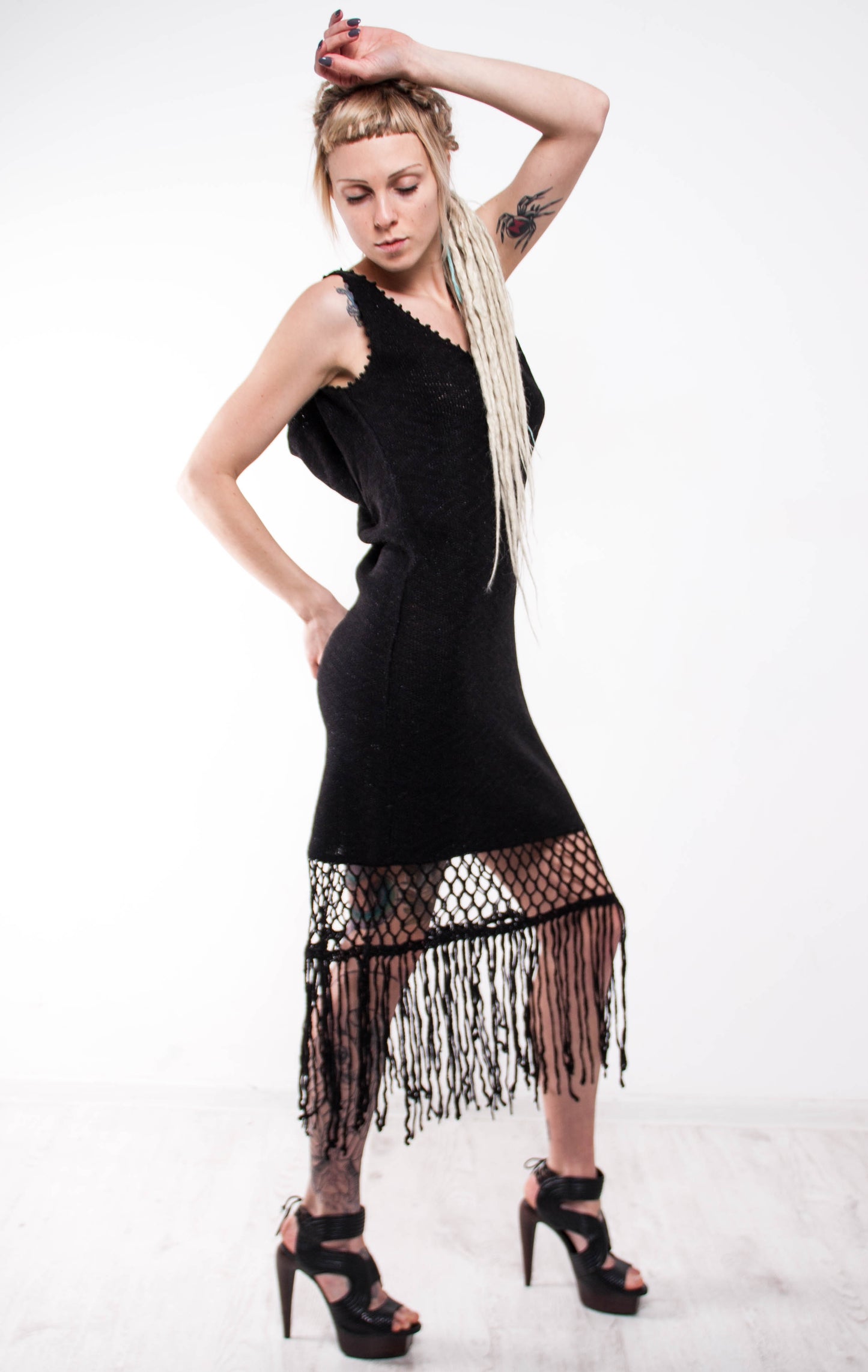 Black Crochet Mini Dress – Handmade Lace Fringe Dress | Backless Draped Evening Dress | Small Black Dress