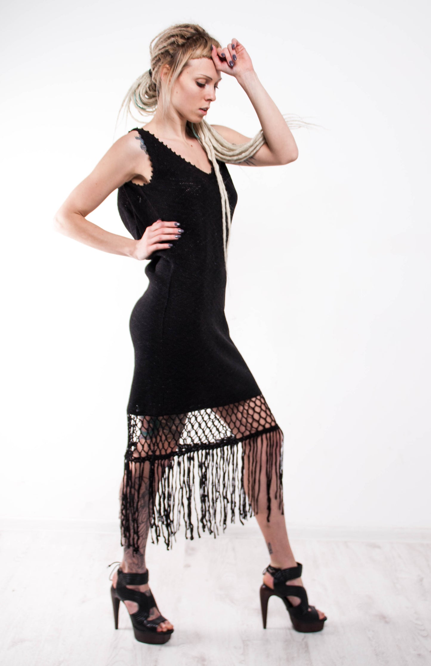 Black Crochet Mini Dress – Handmade Lace Fringe Dress | Backless Draped Evening Dress | Small Black Dress