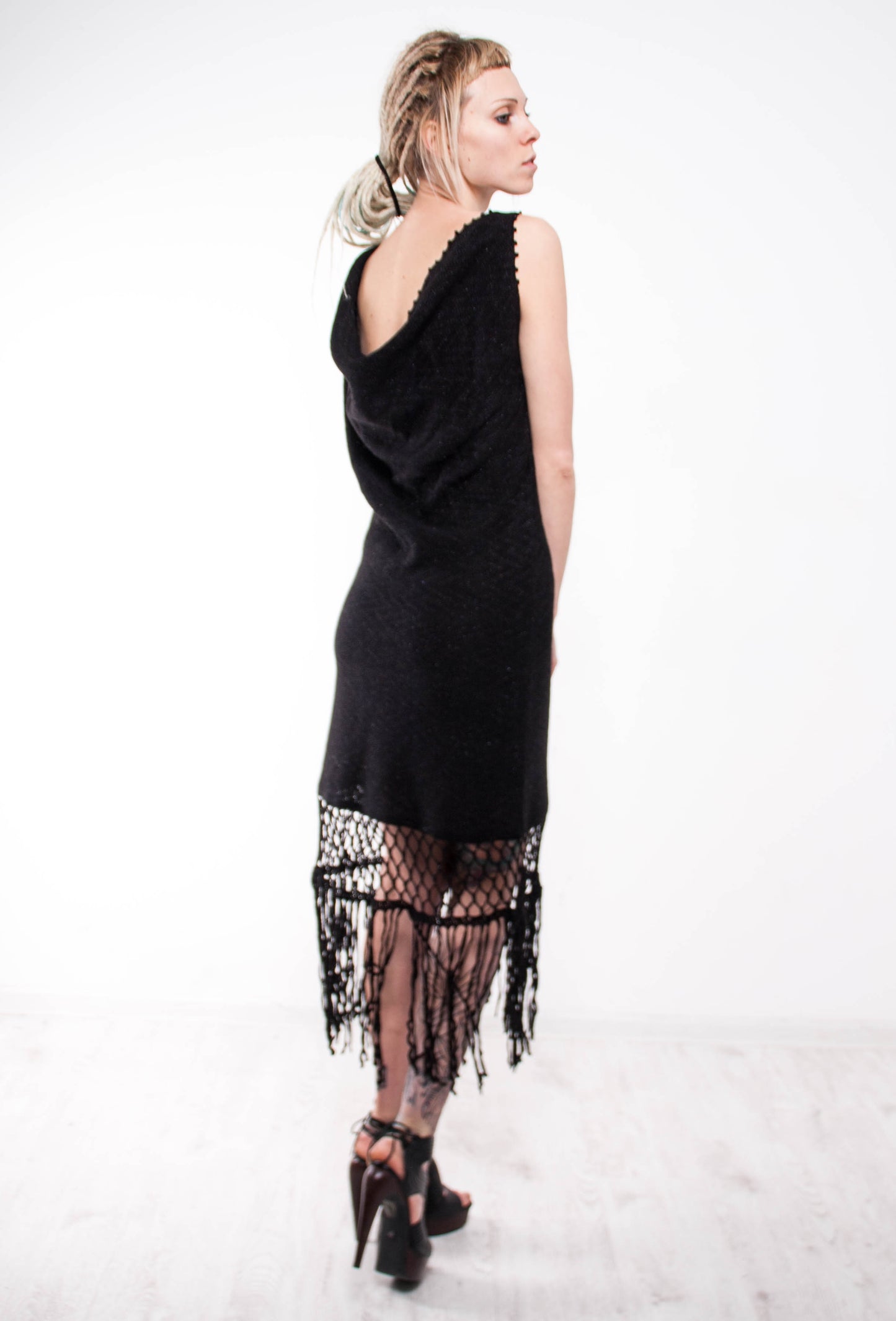 Black Crochet Mini Dress – Handmade Lace Fringe Dress | Backless Draped Evening Dress | Small Black Dress