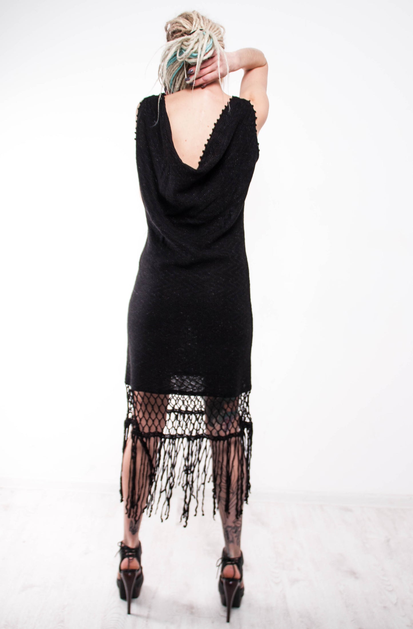 Black Crochet Mini Dress – Handmade Lace Fringe Dress | Backless Draped Evening Dress | Small Black Dress