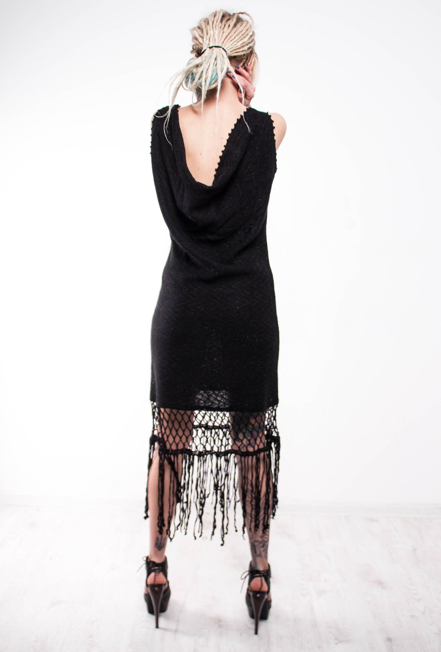 Black Crochet Mini Dress – Handmade Lace Fringe Dress | Backless Draped Evening Dress | Small Black Dress