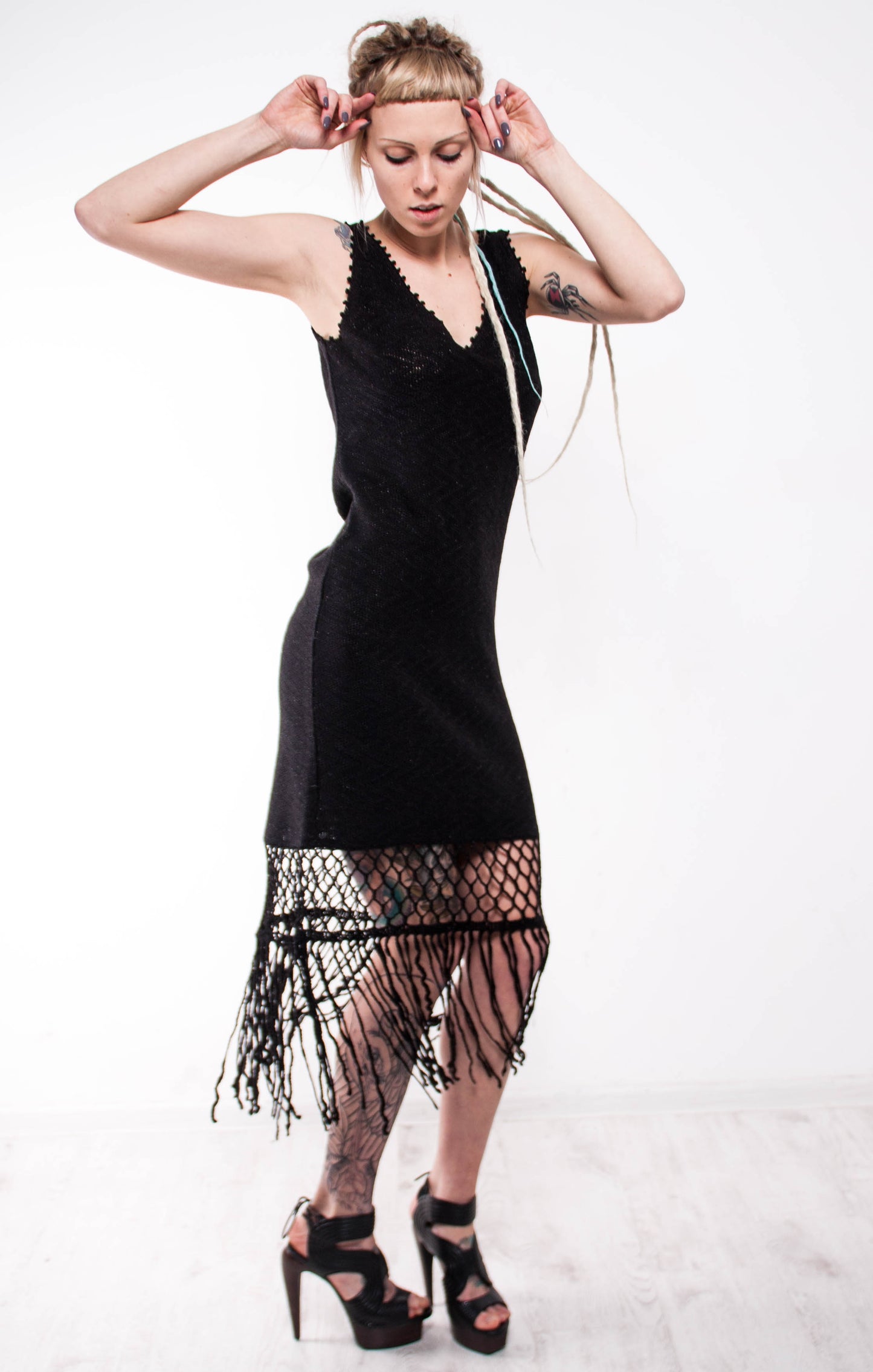 Black Crochet Mini Dress – Handmade Lace Fringe Dress | Backless Draped Evening Dress | Small Black Dress