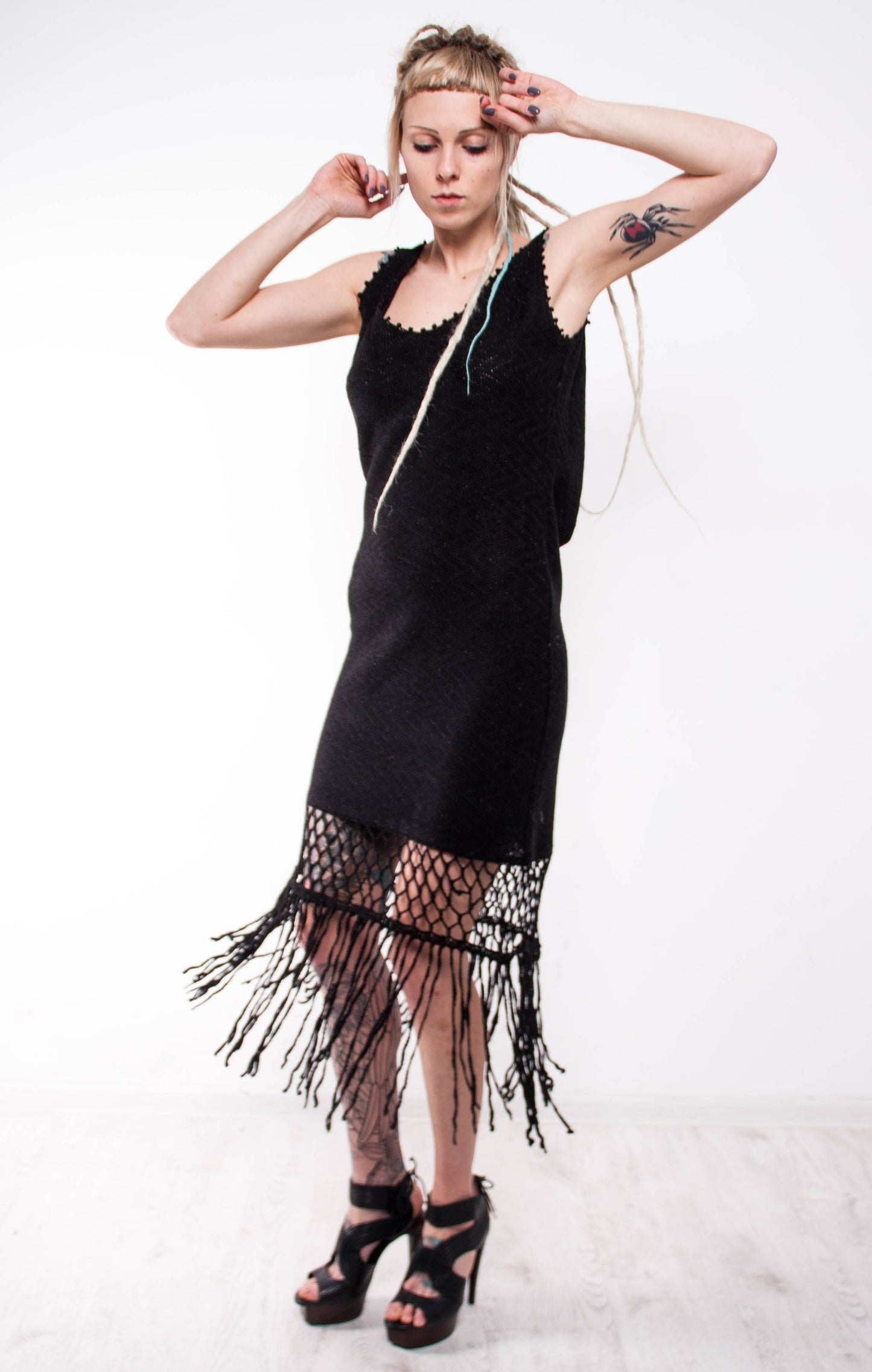 Black Crochet Mini Dress – Handmade Lace Fringe Dress | Backless Draped Evening Dress | Small Black Dress