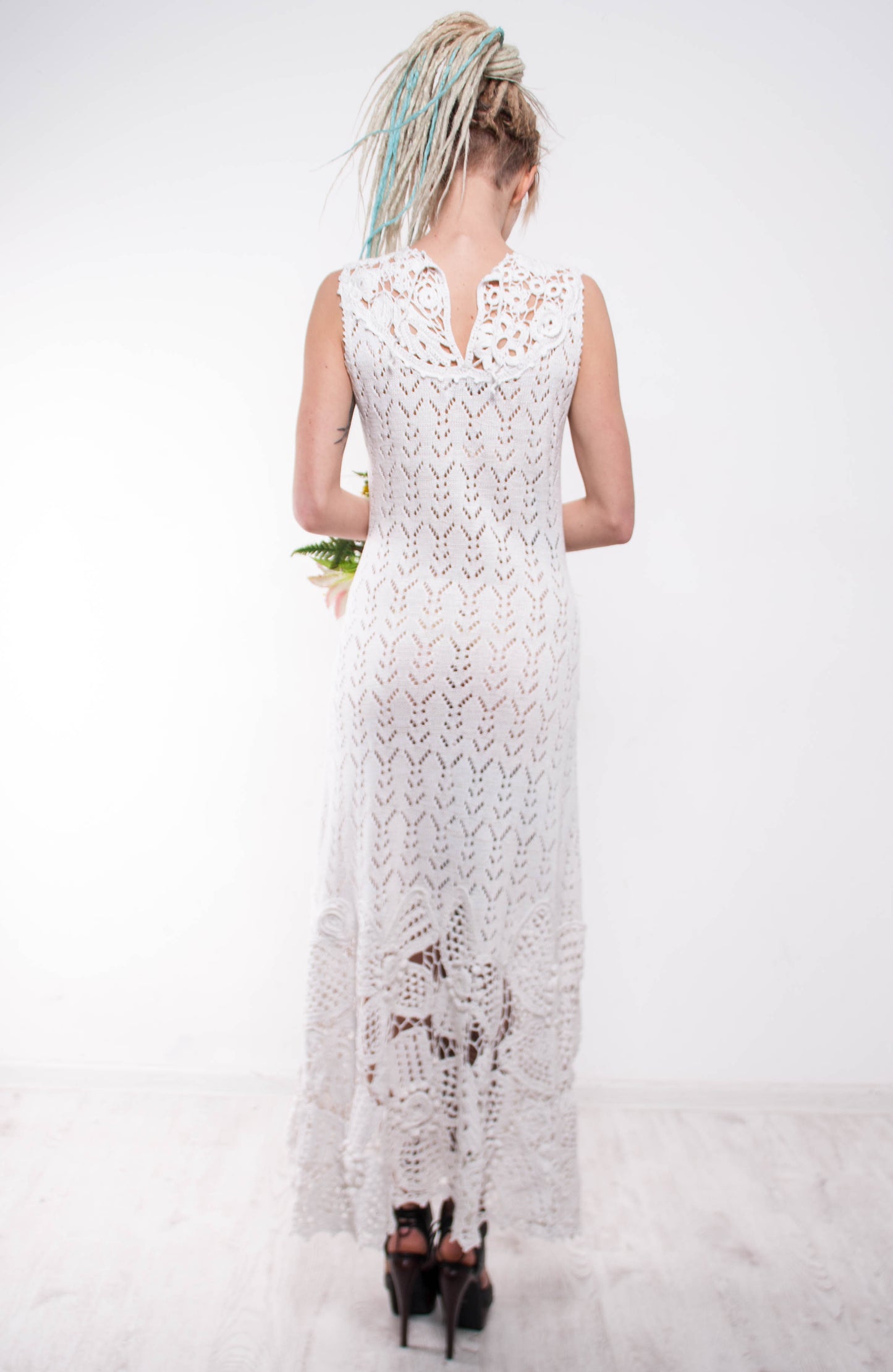 Handmade White Crochet Maxi Dress – Lacy Viscose Beachwear & Boho Wedding Sundress