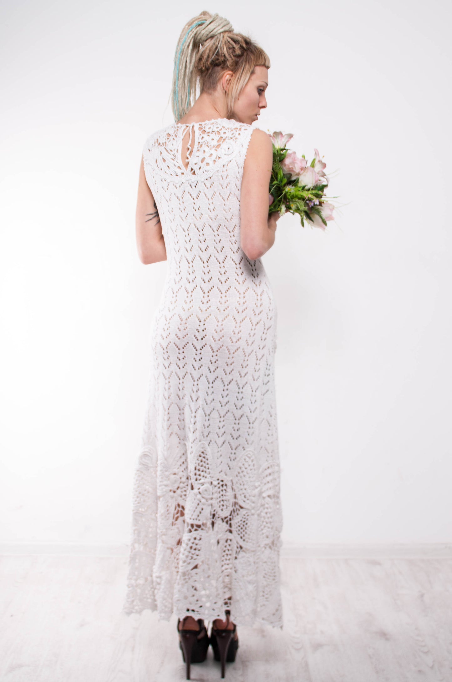 Handmade White Crochet Maxi Dress – Lacy Viscose Beachwear & Boho Wedding Sundress