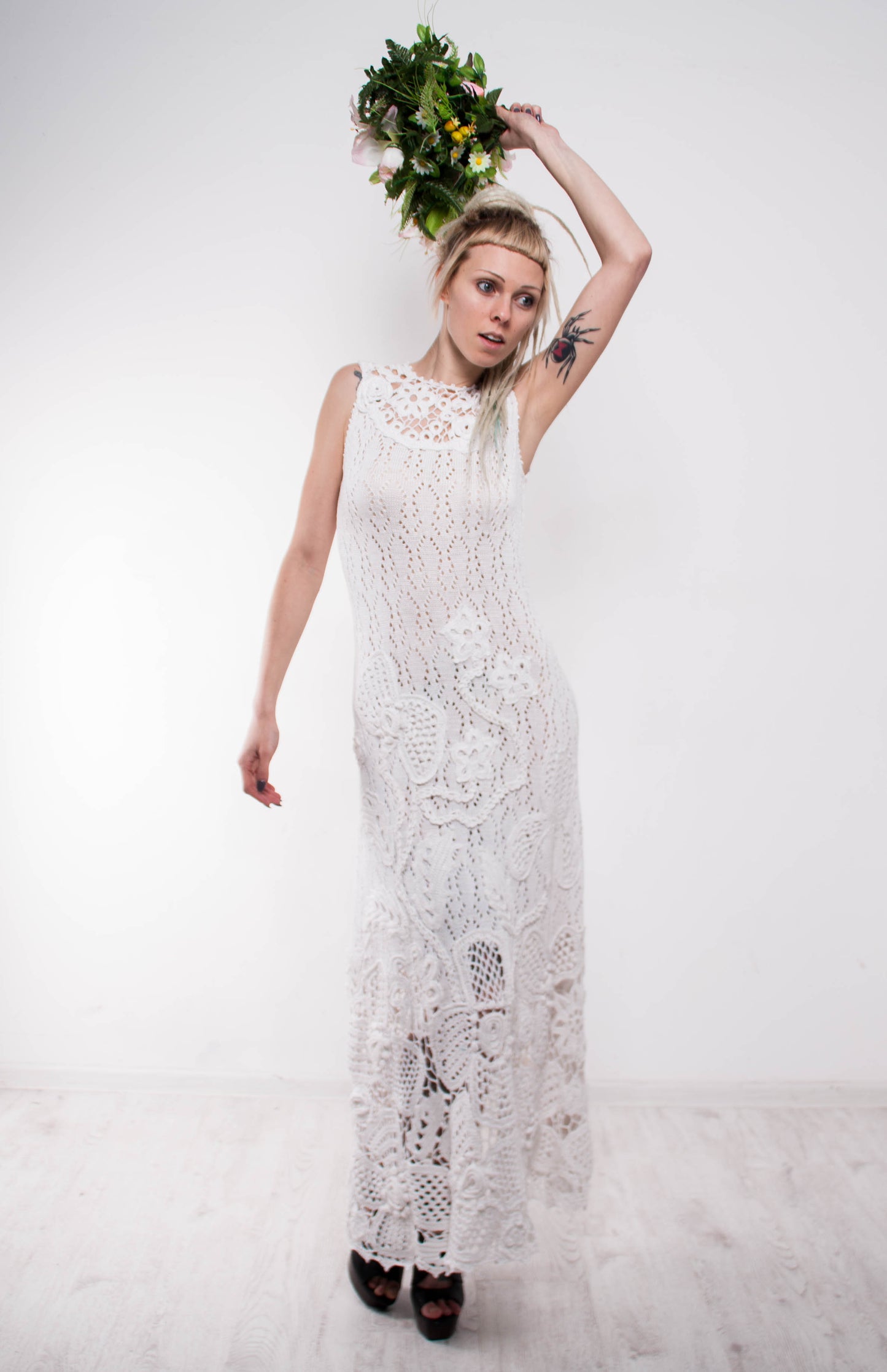 Handmade White Crochet Maxi Dress – Lacy Viscose Beachwear & Boho Wedding Sundress