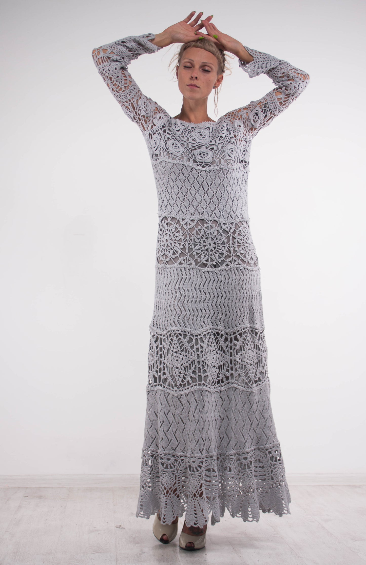 Grey Crochet Maxi Dress – Off Shoulder Lace Long Sleeve Evening Gown