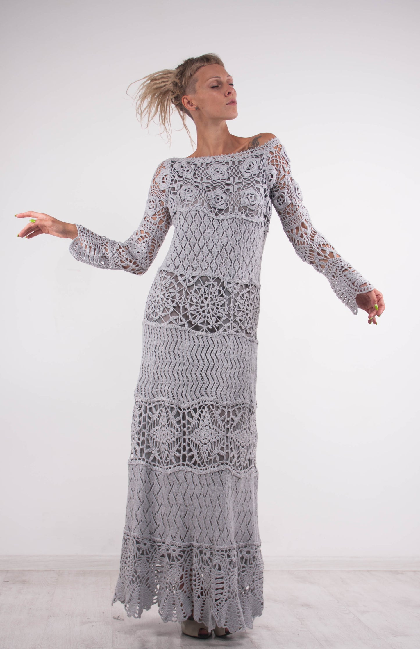 Grey Crochet Maxi Dress – Off Shoulder Lace Long Sleeve Evening Gown