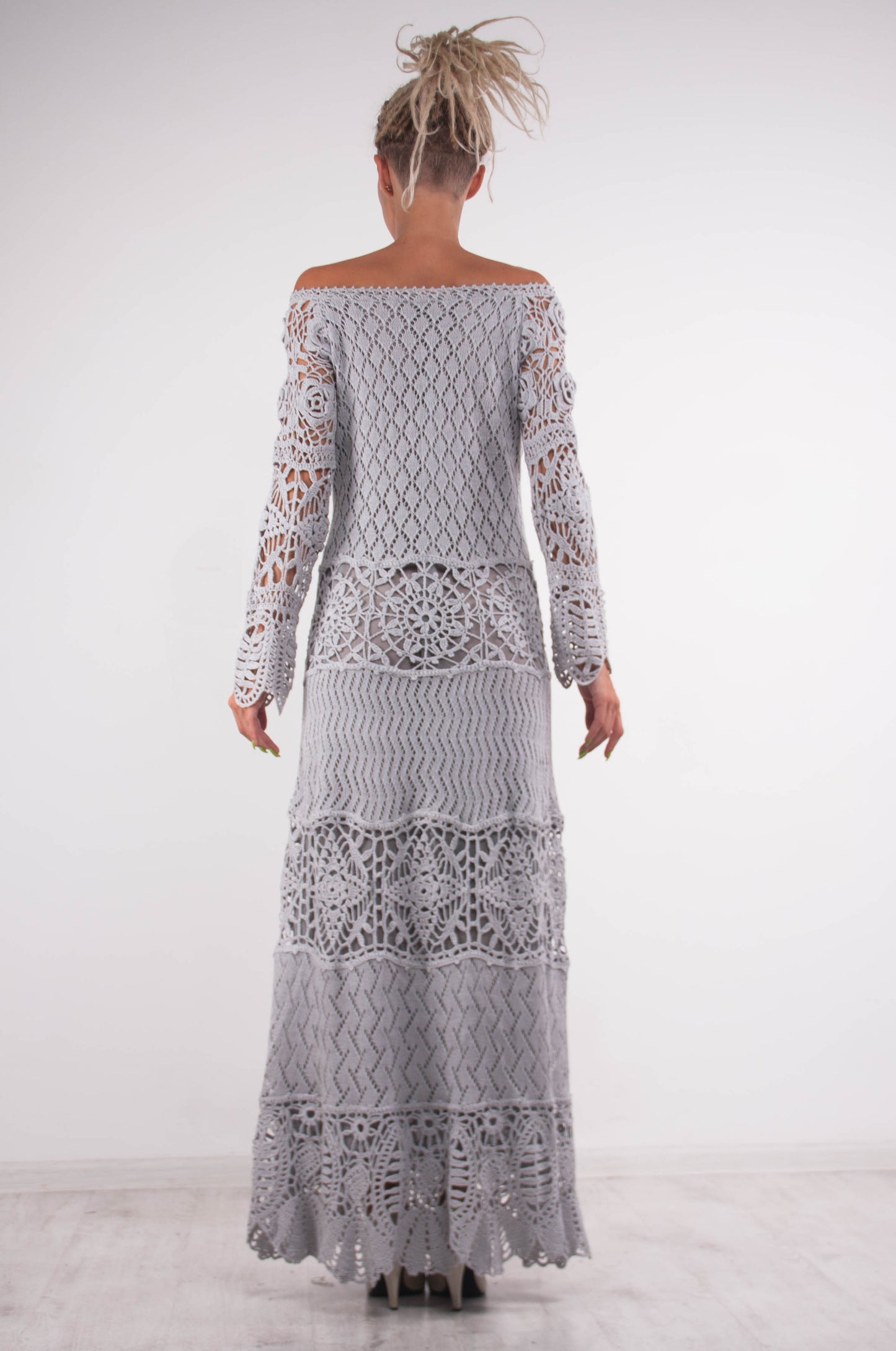 Grey Crochet Maxi Dress – Off Shoulder Lace Long Sleeve Evening Gown