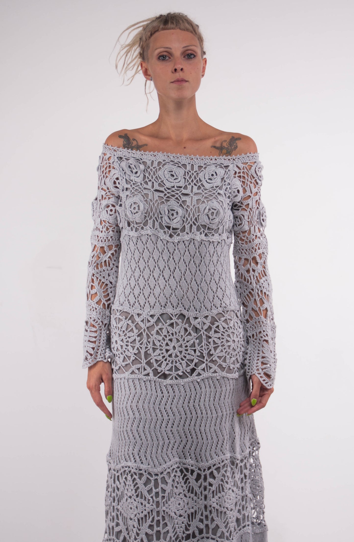 Grey Crochet Maxi Dress – Off Shoulder Lace Long Sleeve Evening Gown