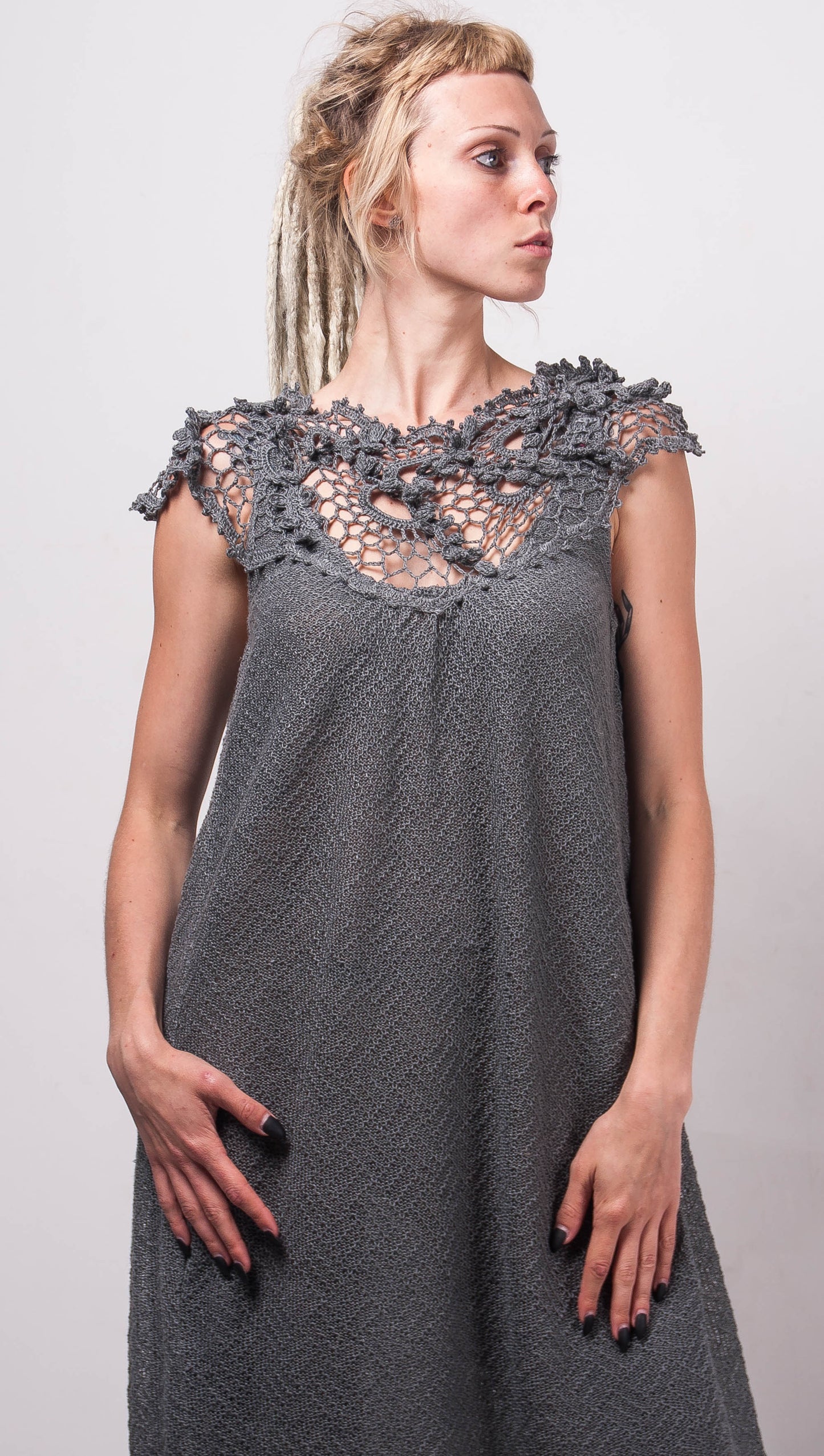 Handmade Crochet Linen Maxi Dress – Grey Beachwear Oversized Lacy Sundress with Pockets