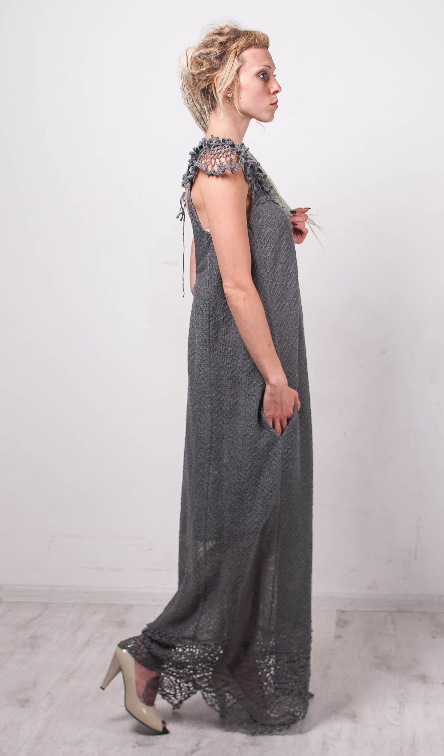 Handmade Crochet Linen Maxi Dress – Grey Beachwear Oversized Lacy Sundress with Pockets