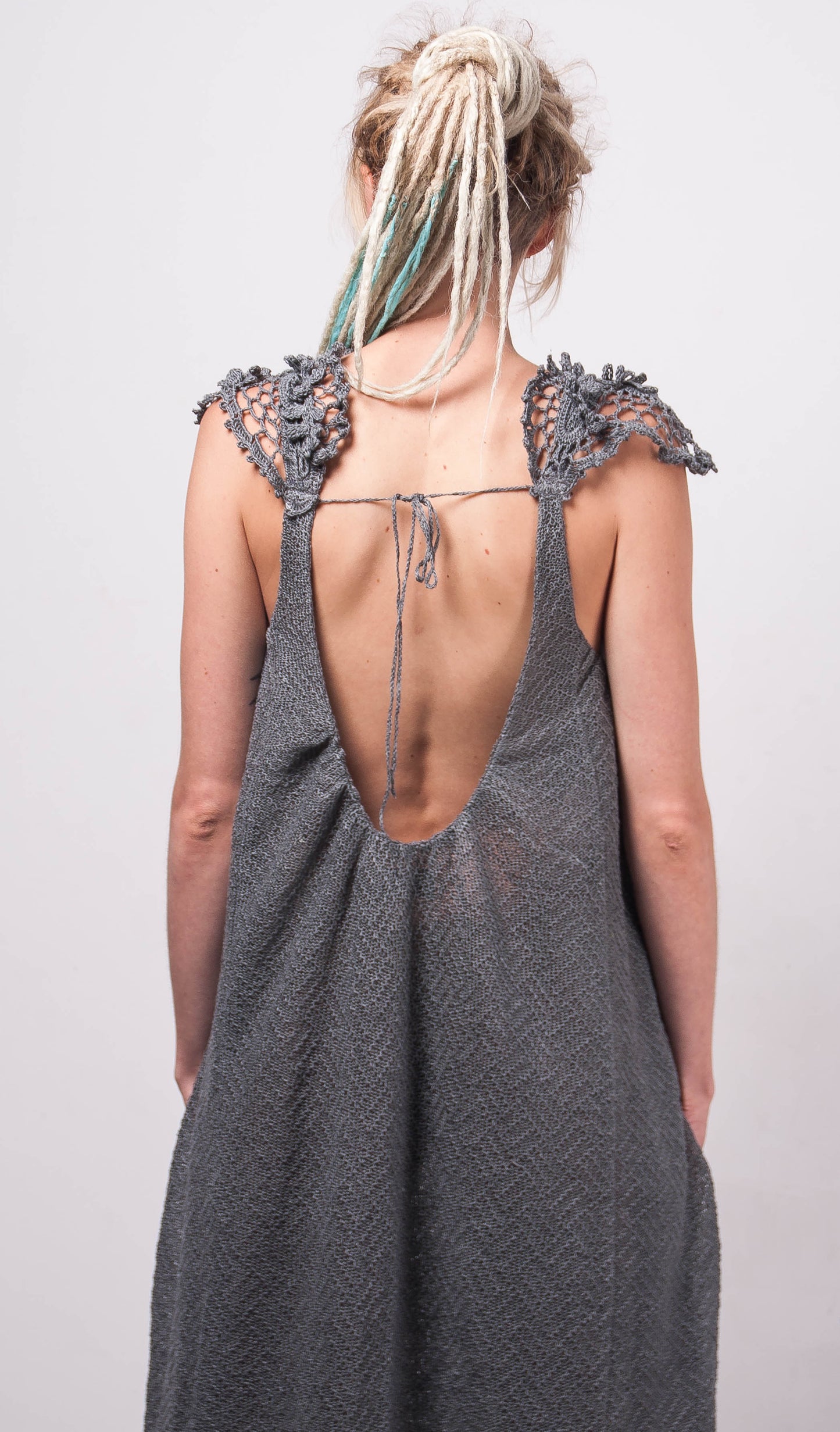 Handmade Crochet Linen Maxi Dress – Grey Beachwear Oversized Lacy Sundress with Pockets