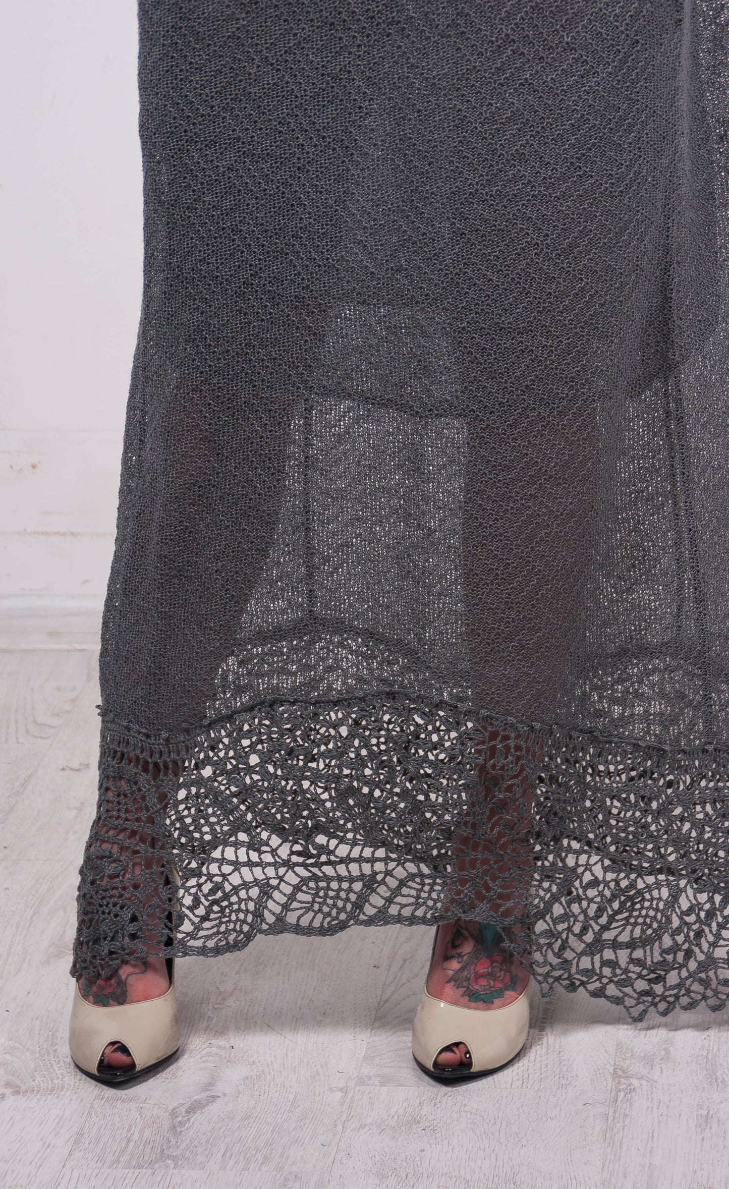 Handmade Crochet Linen Maxi Dress – Grey Beachwear Oversized Lacy Sundress with Pockets