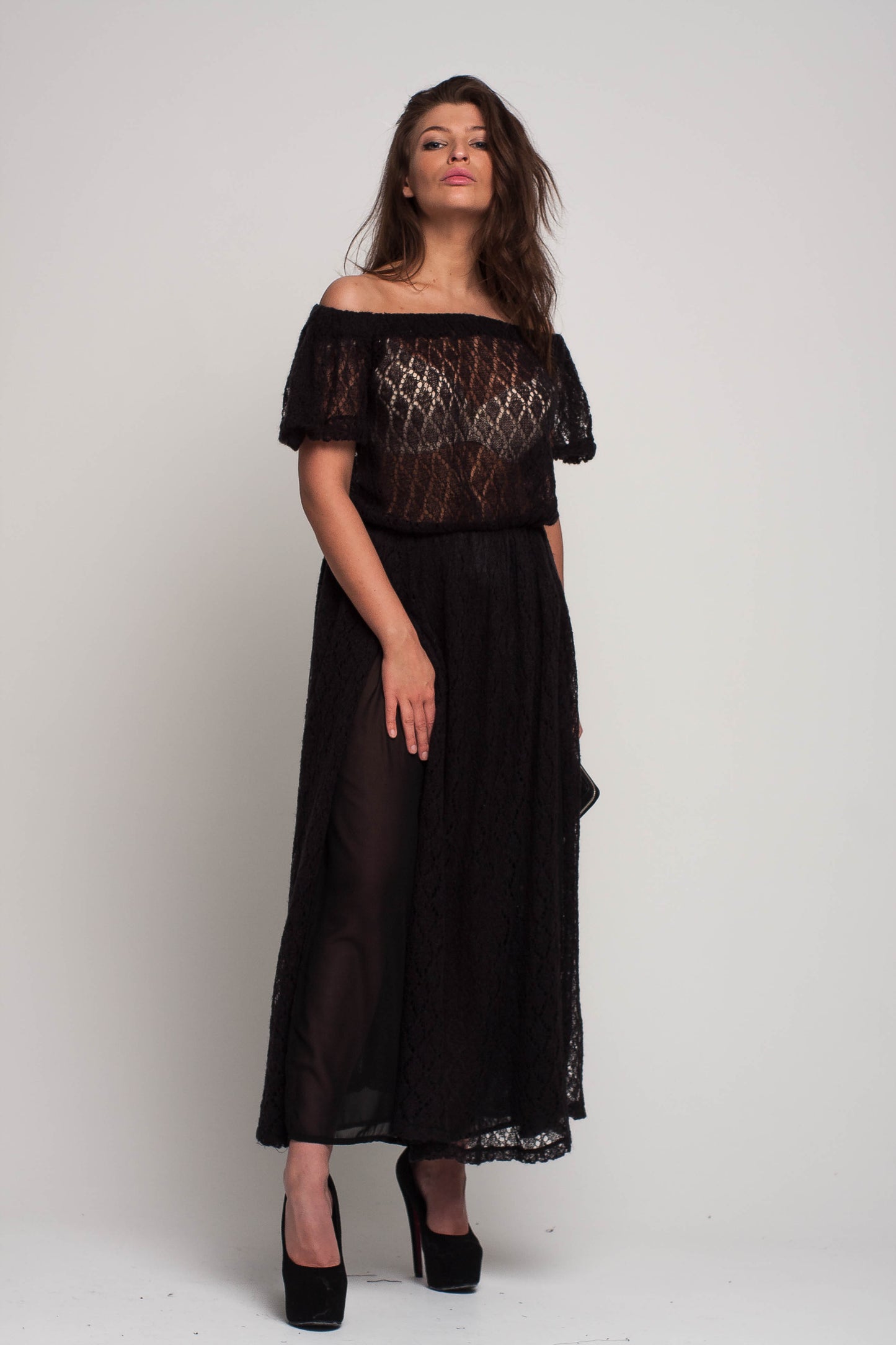Black Off Shoulder Lacy Maxi Knit Mohair Dress with Slit and Pockets