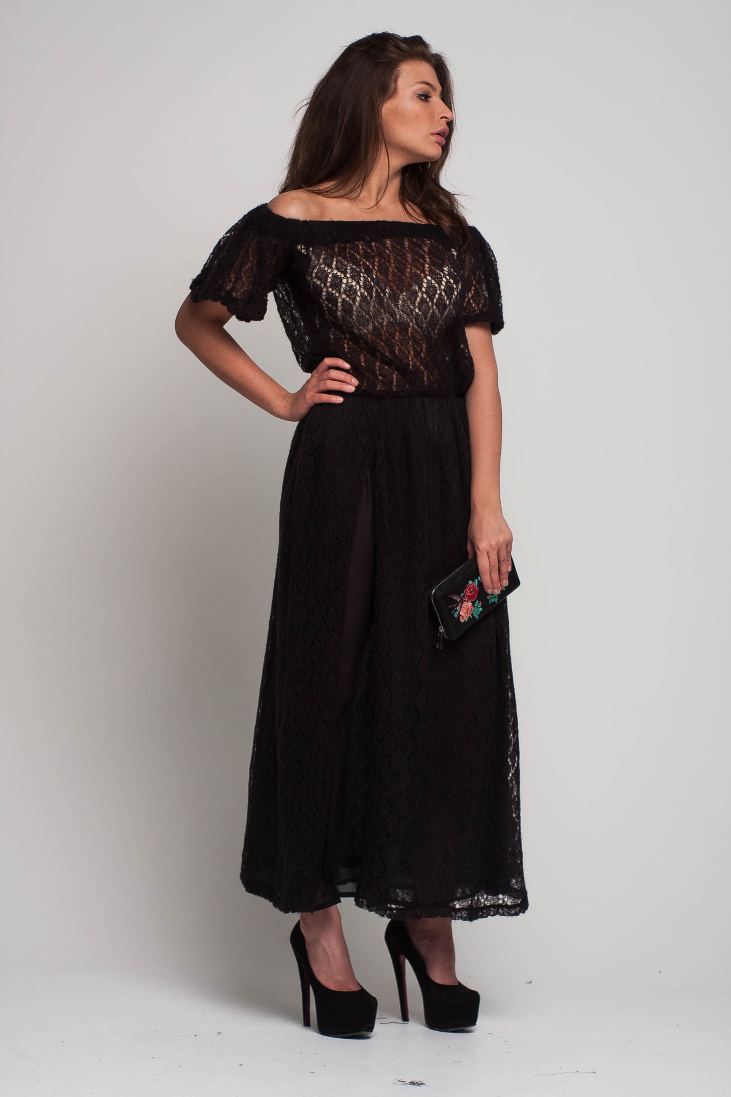 Black Off Shoulder Lacy Maxi Knit Mohair Dress with Slit and Pockets