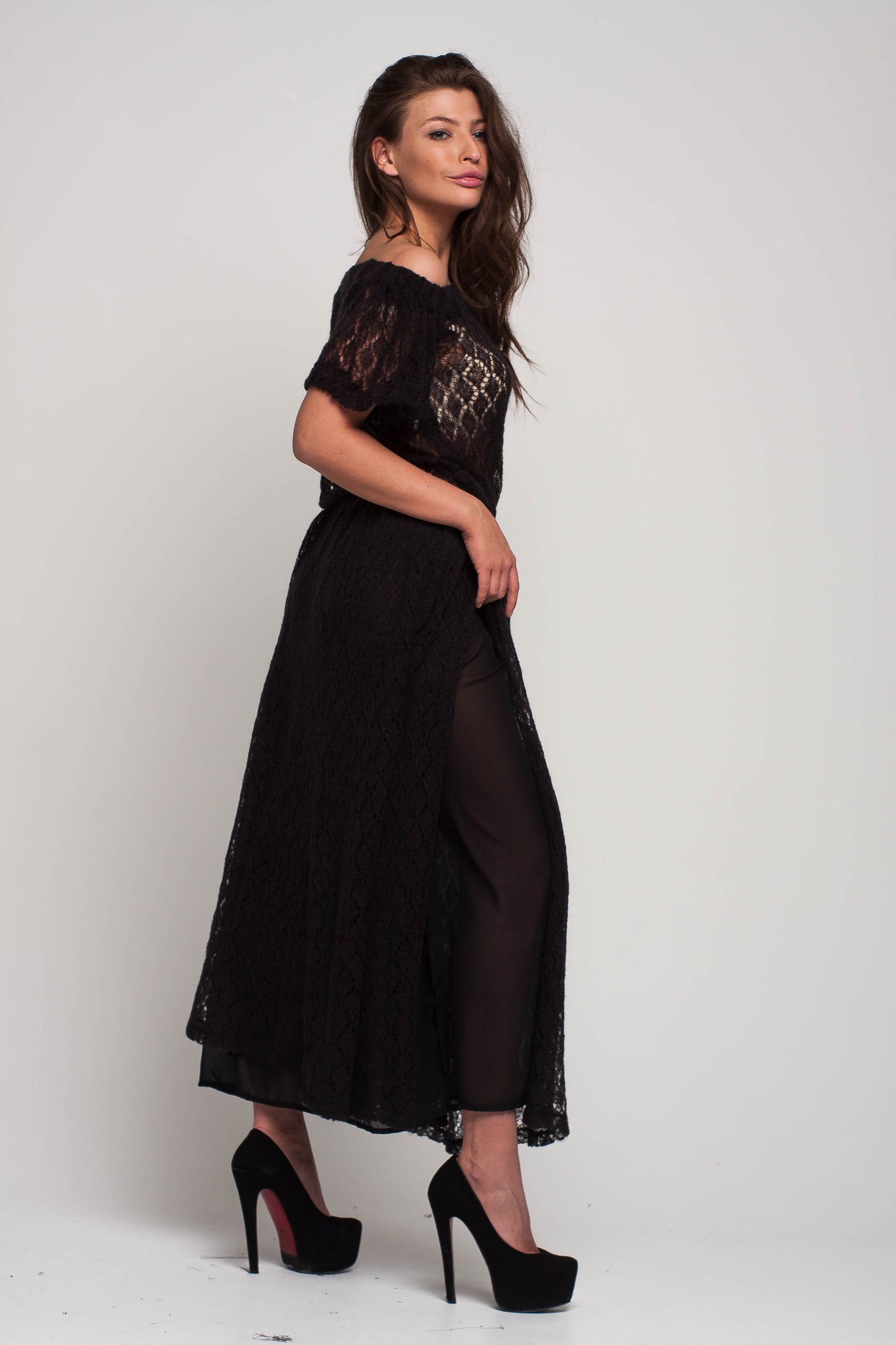 Black Off Shoulder Lacy Maxi Knit Mohair Dress with Slit and Pockets