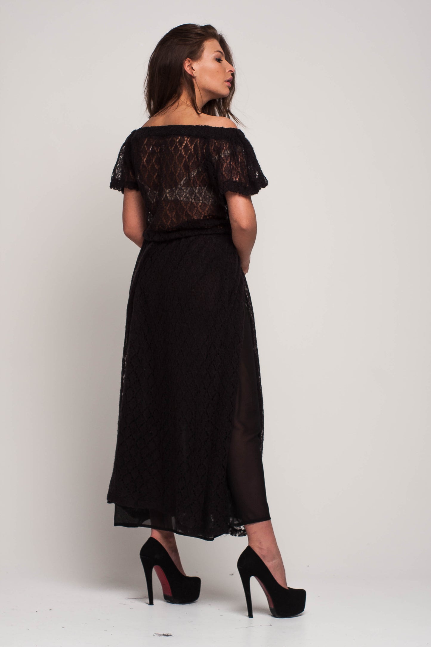 Black Off Shoulder Lacy Maxi Knit Mohair Dress with Slit and Pockets