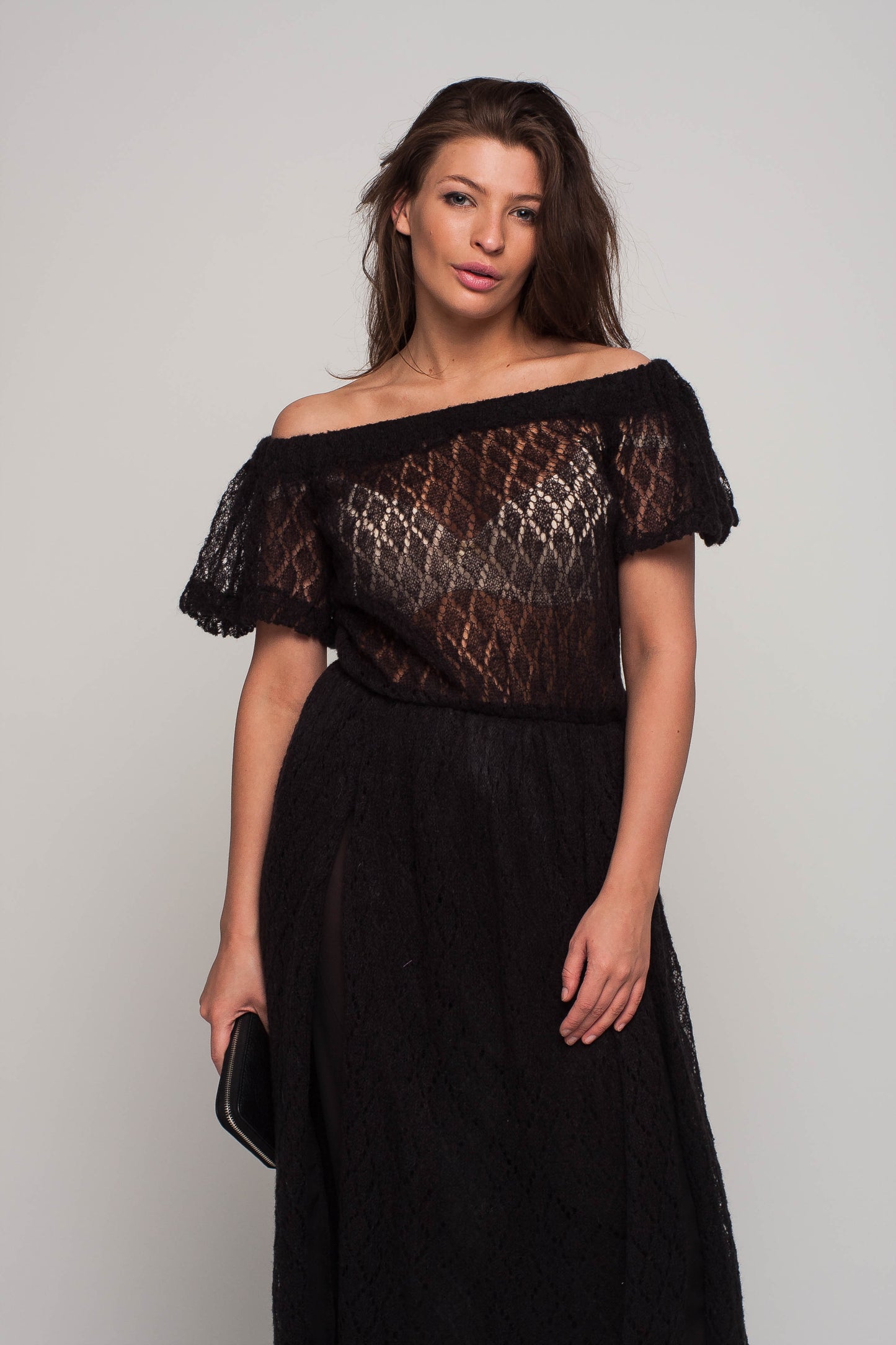 Black Off Shoulder Lacy Maxi Knit Mohair Dress with Slit and Pockets