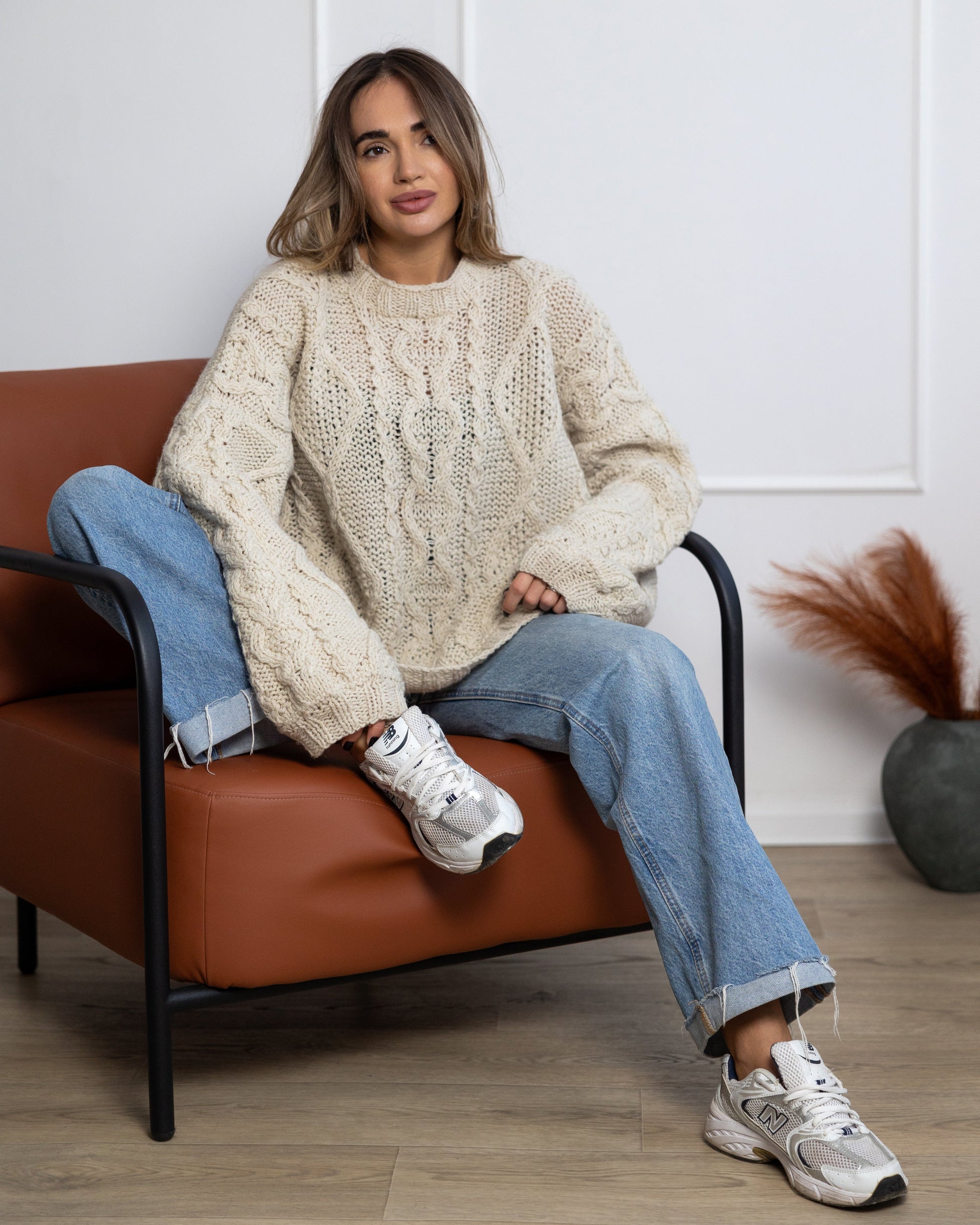 Ivory oversized knit sweater hand knitted alpaca wool jumper