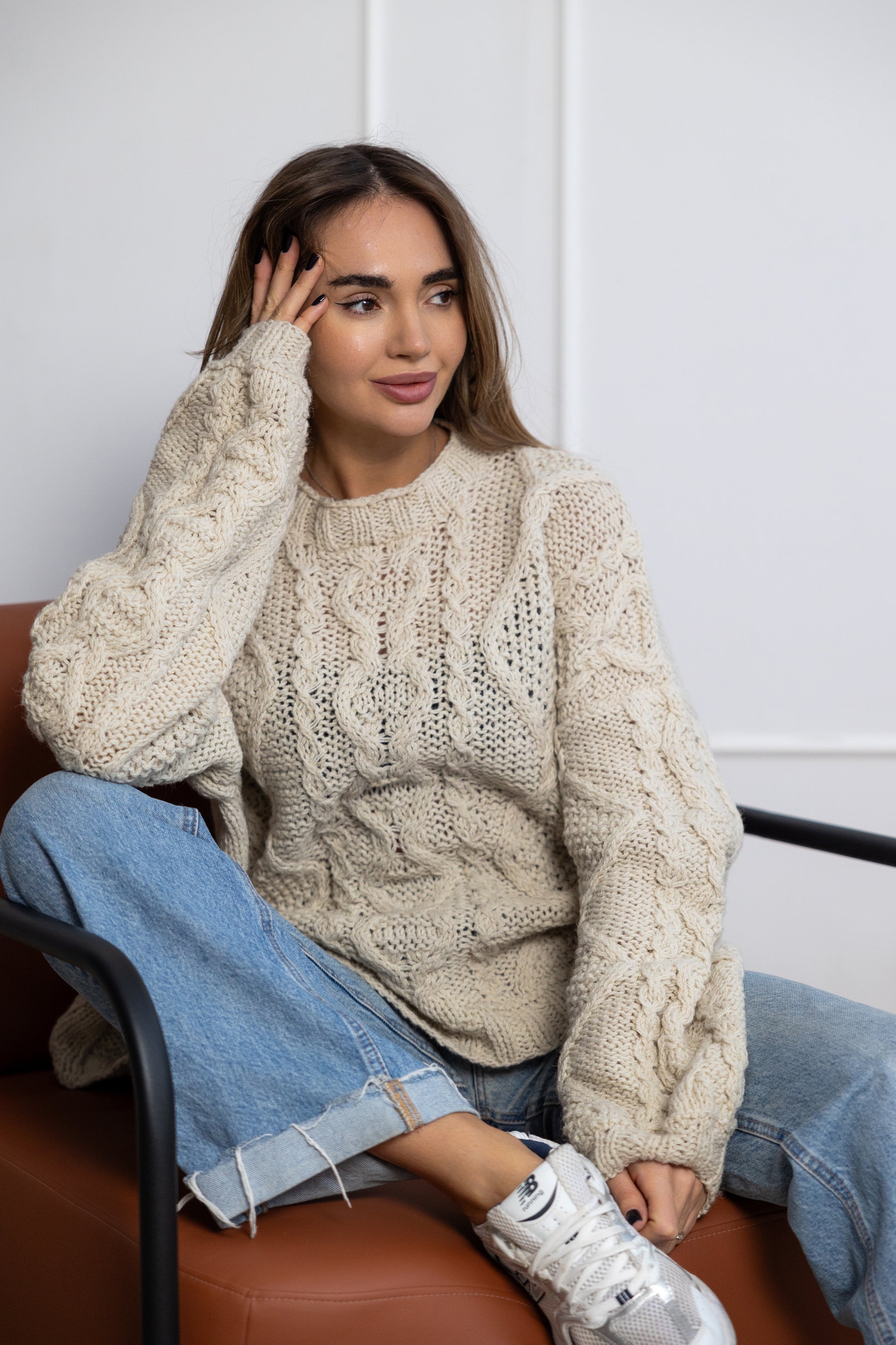 Original idea of gift for her as a handcrafted oversized knit jumper ivory winter style