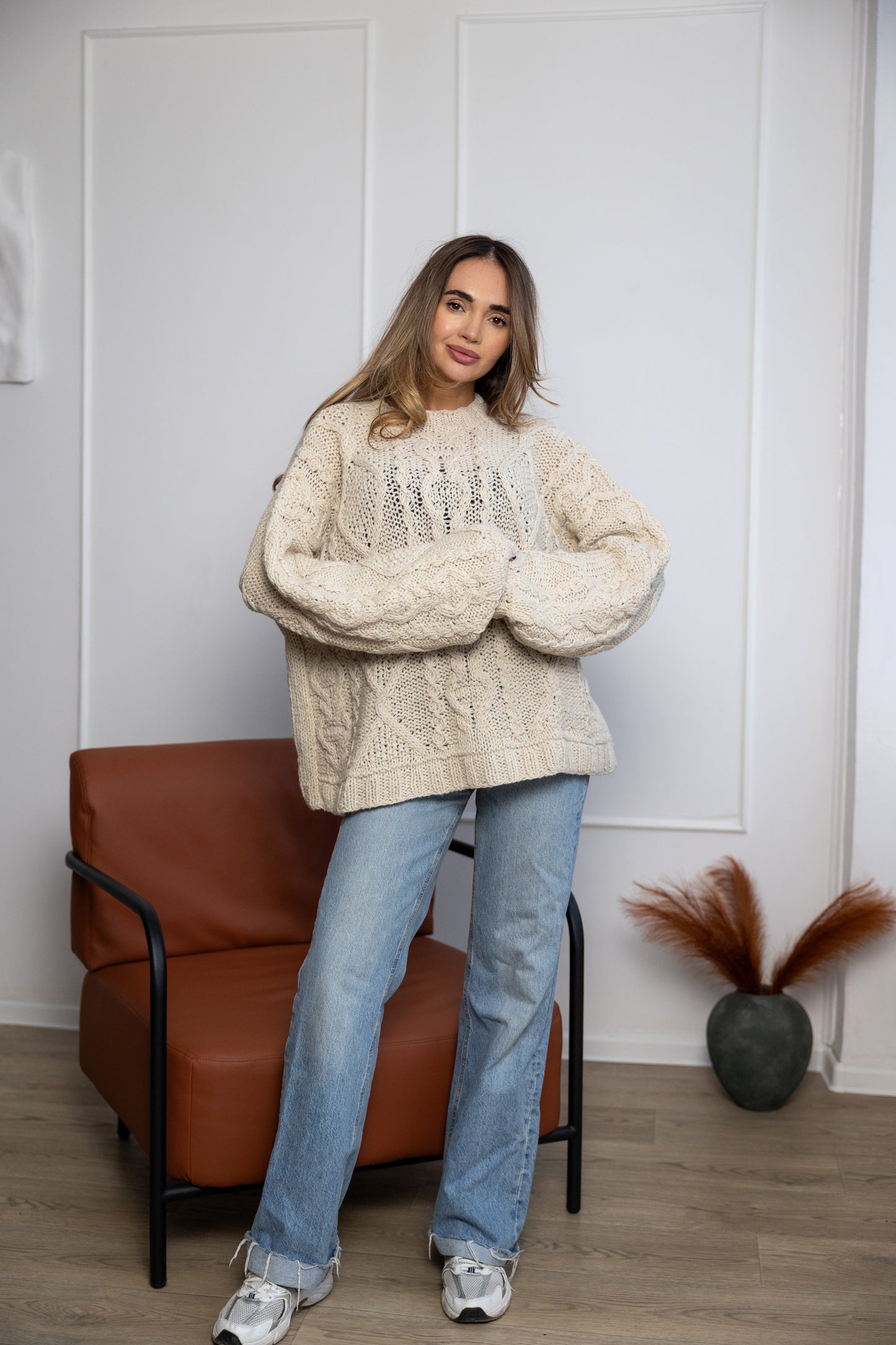 Handmade knit sweater ivory alpaca merino wool blend