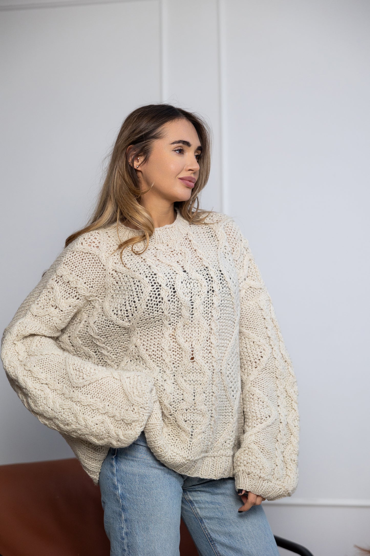 White crew neck oversized jumper women handmade knit