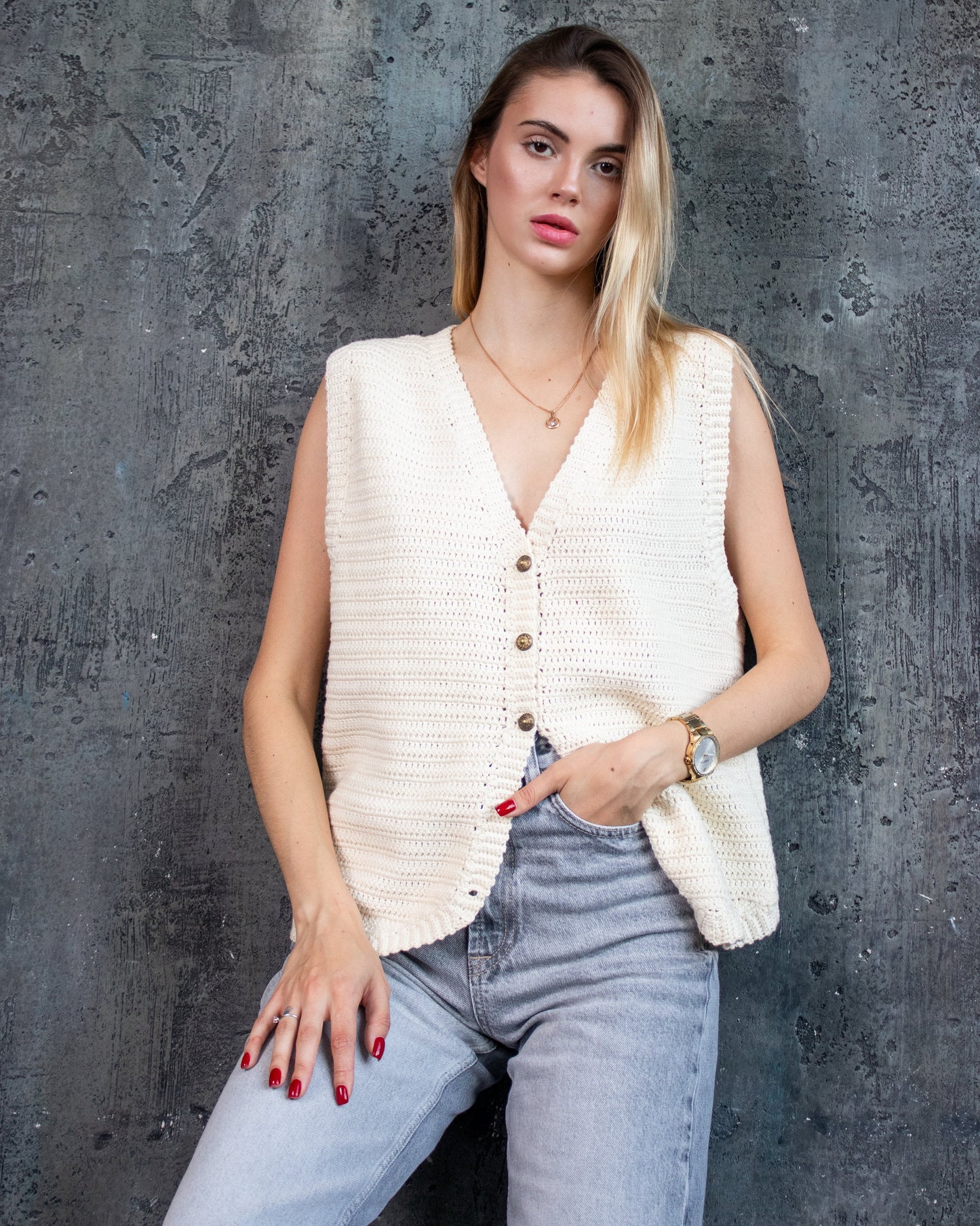Ivory crochet summer vest handmade from 100% cotton. Lightweight boho knit waistcoat perfect for layering over shirts, jeans or summer outfits.