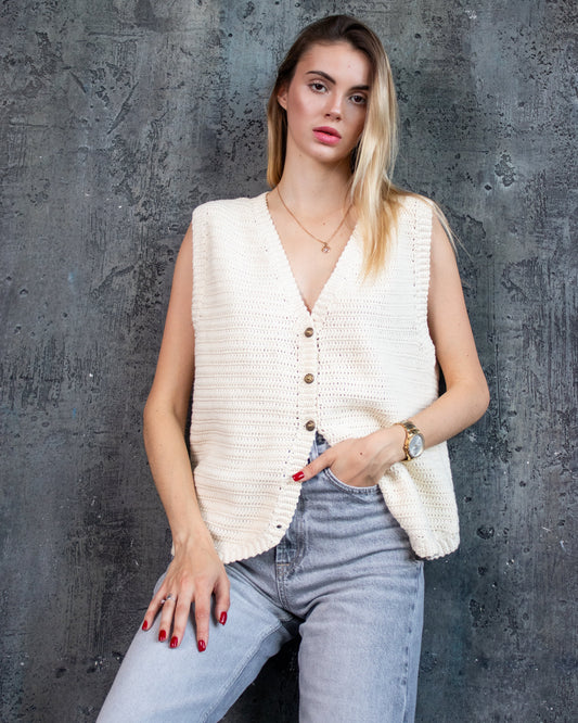 Ivory crochet summer vest handmade from 100% cotton. Lightweight boho knit waistcoat perfect for layering over shirts, jeans or summer outfits.