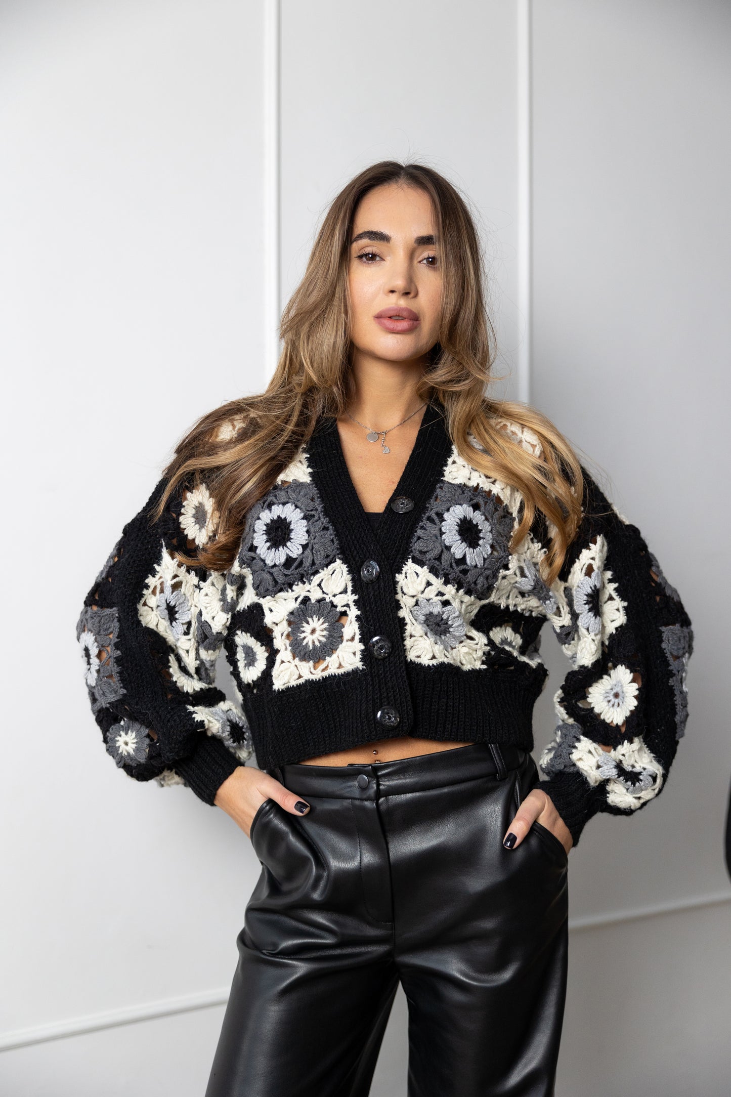 Granny Square Crochet Cardigan – Black Oversized Bomber Jacket with Puff Sleeves, Handmade Wool Sweater